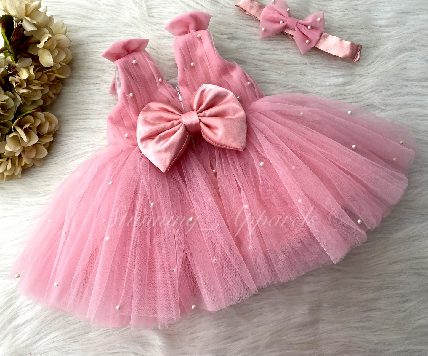 Shoulder Bow White Pearls Work Orange Frock