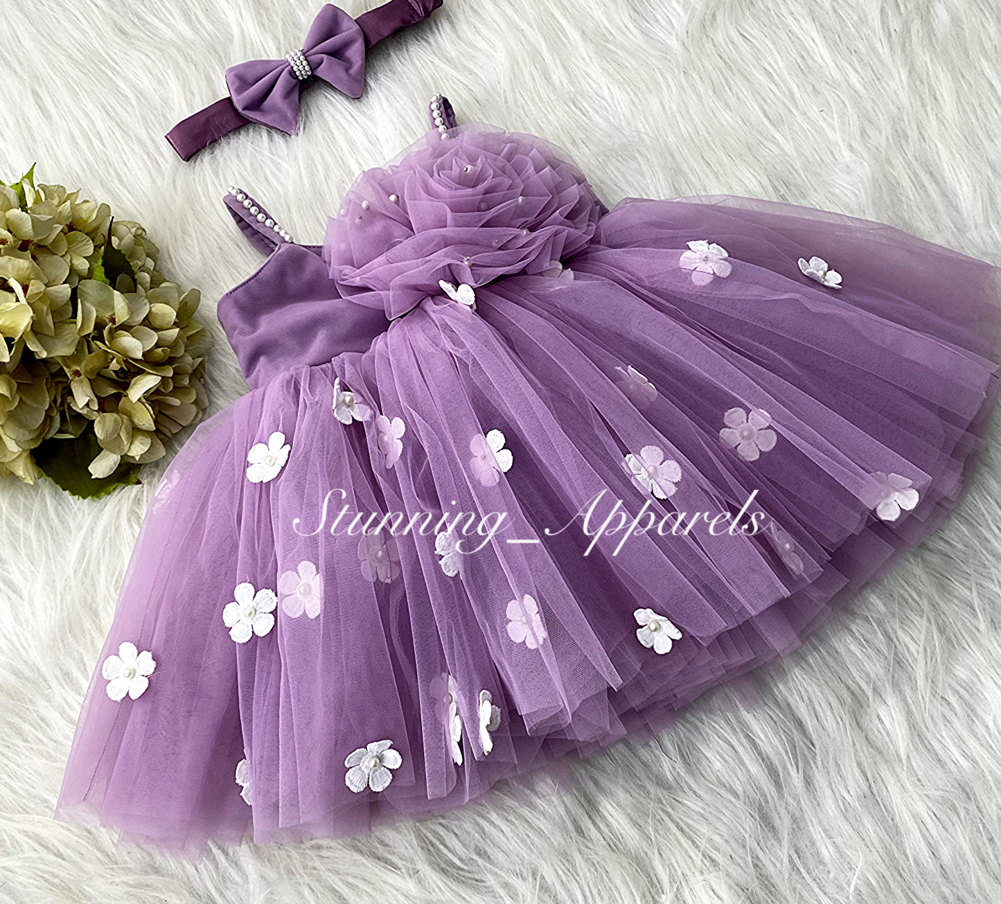 White Flower Work Strapped Sleeves Lilac Frock