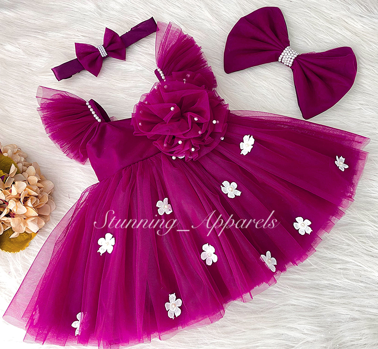 White Flower Work Strapped Sleeves Dark Magenta Pink Frock