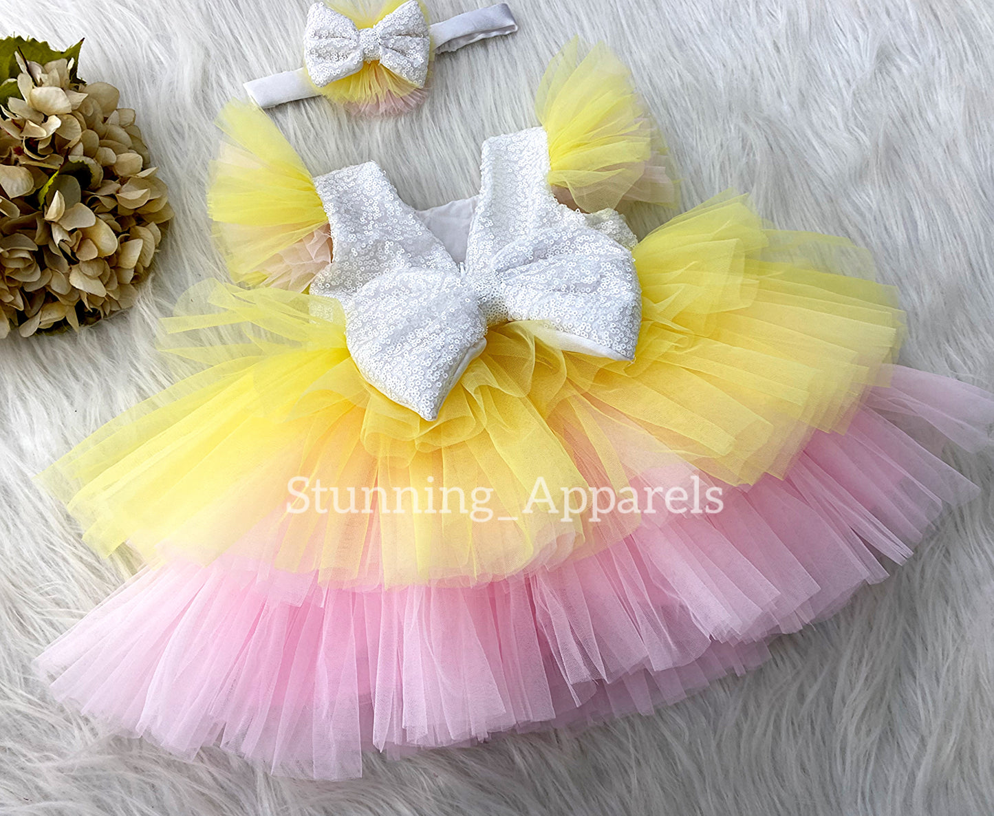 Pink and Yellow Layered milky sequins dress