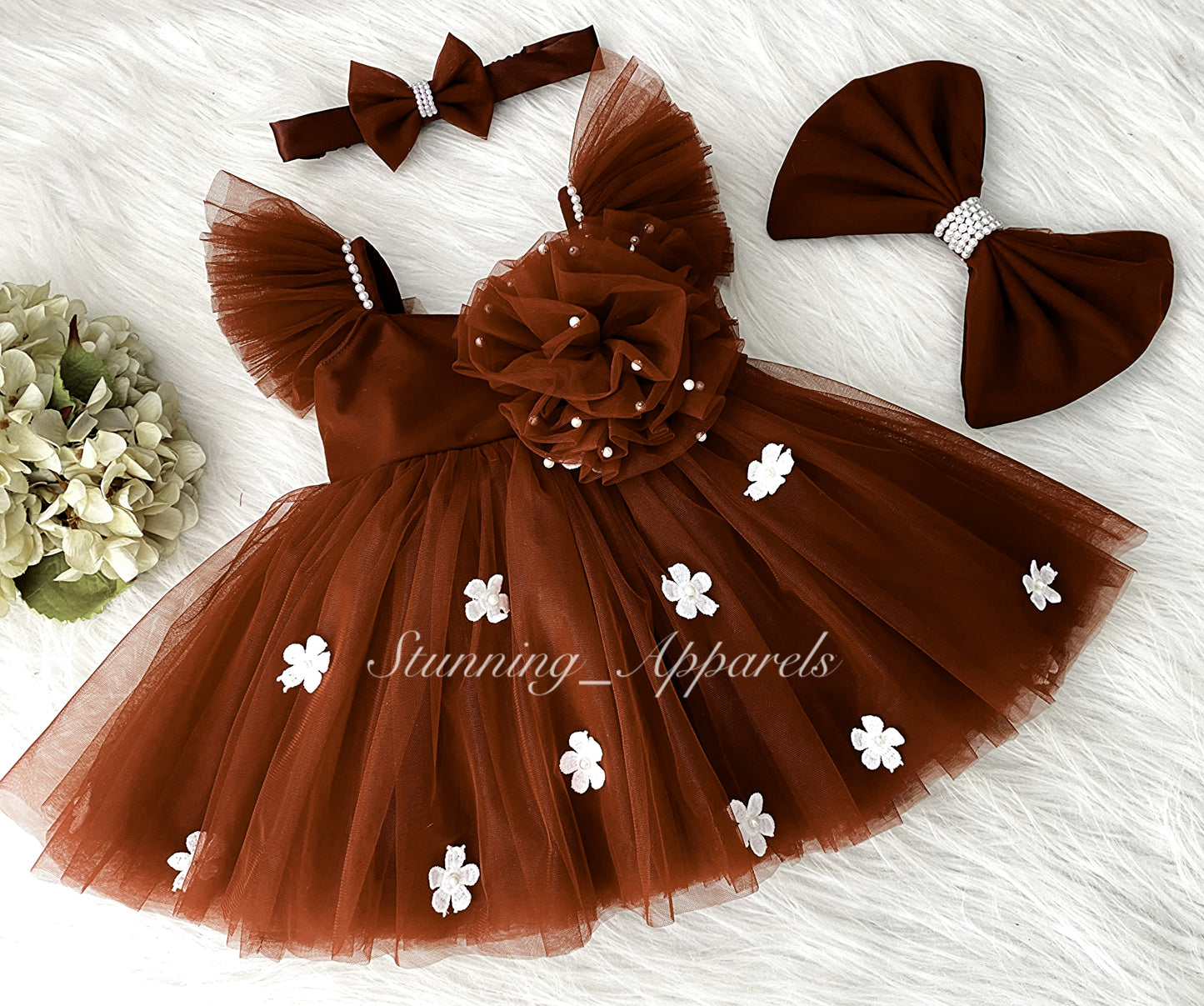 White Flower Work Strapped Sleeves Iron Rust Frock