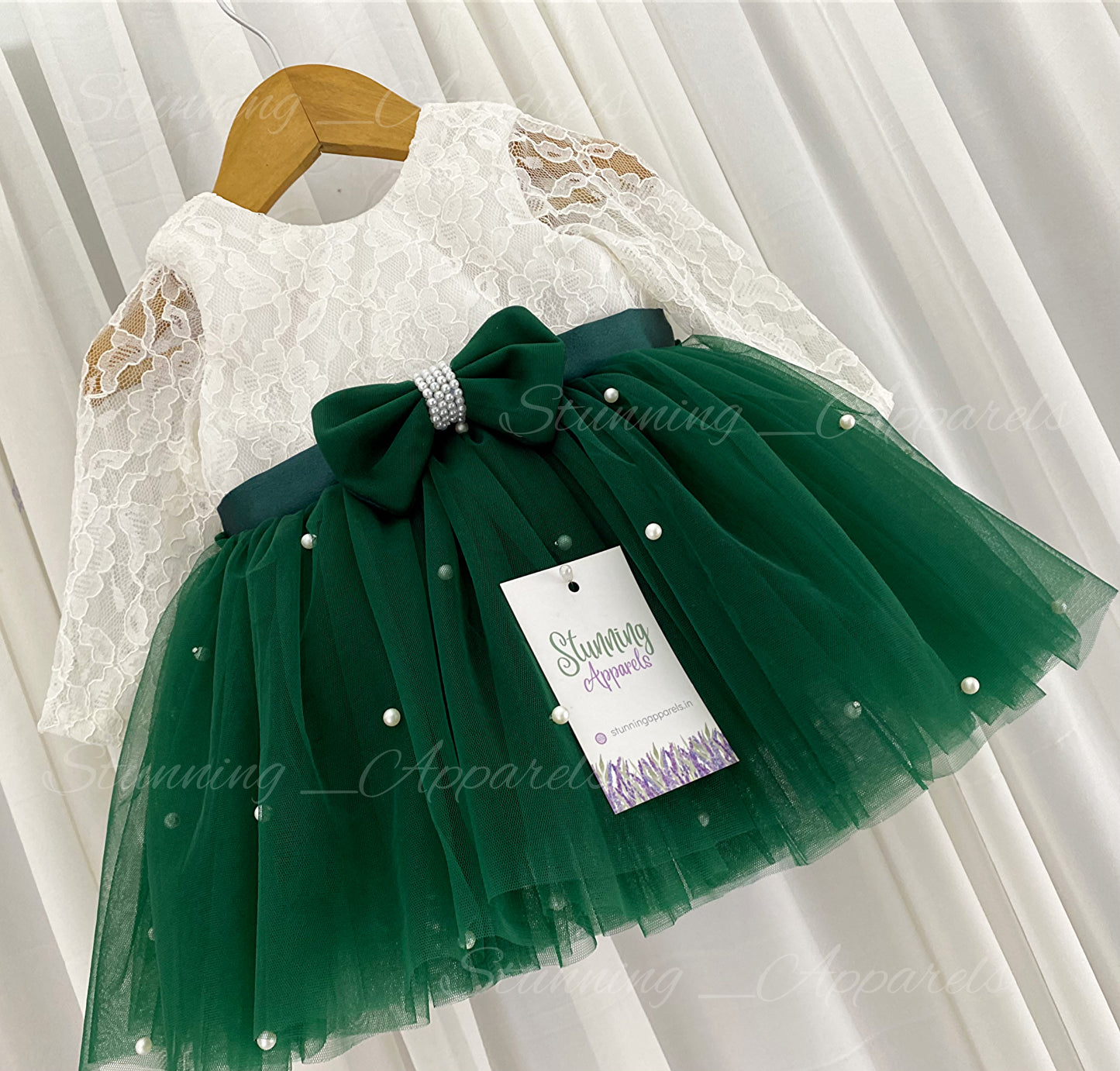 Long Sleeves White Pearls Work Dark Bottle Green Frock