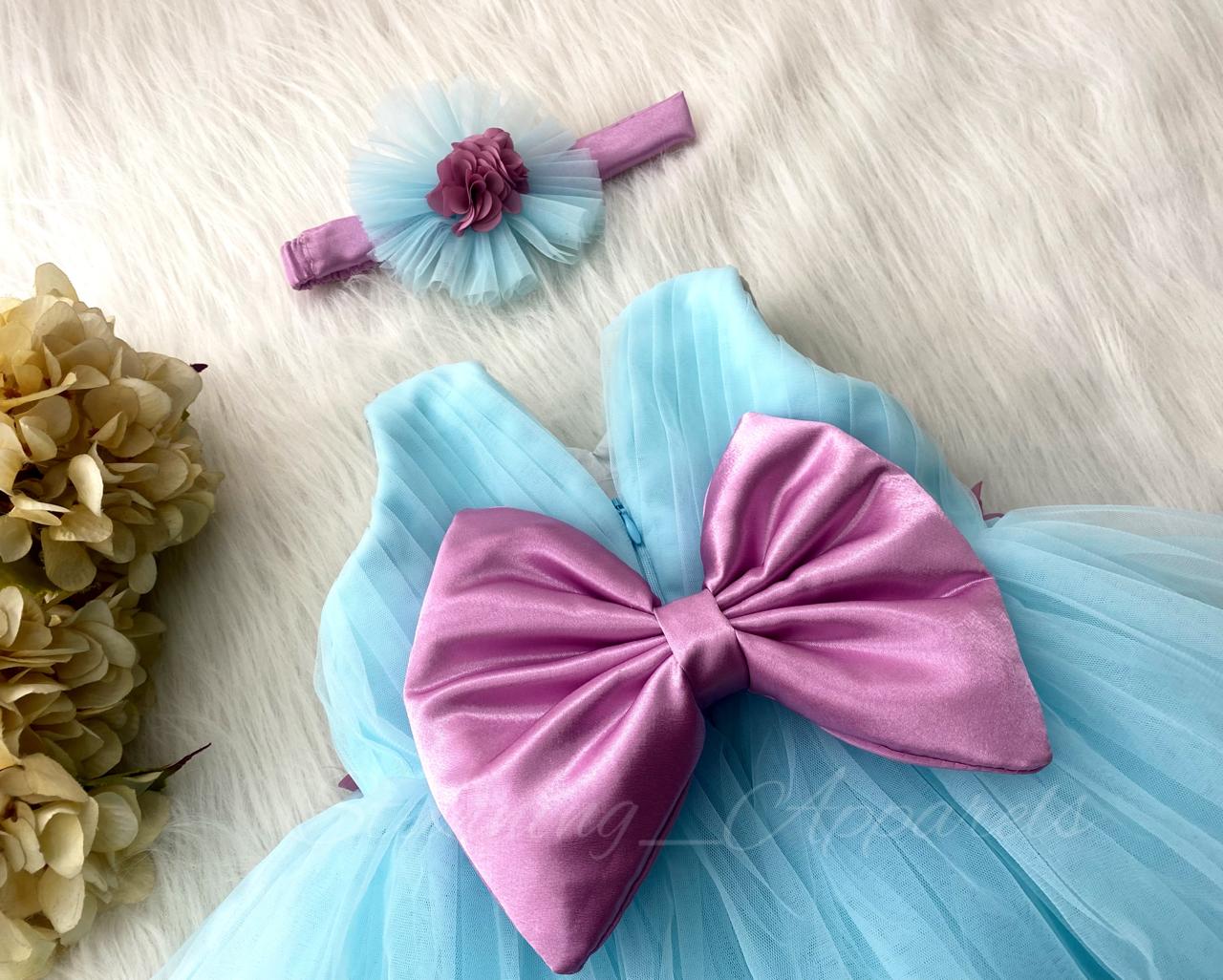 Waist Line Dusty Pink Flower Work Sky Blue Frock