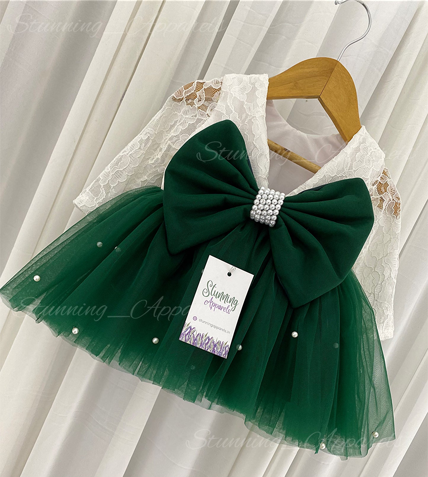 Long Sleeves White Pearls Work Dark Bottle Green Frock