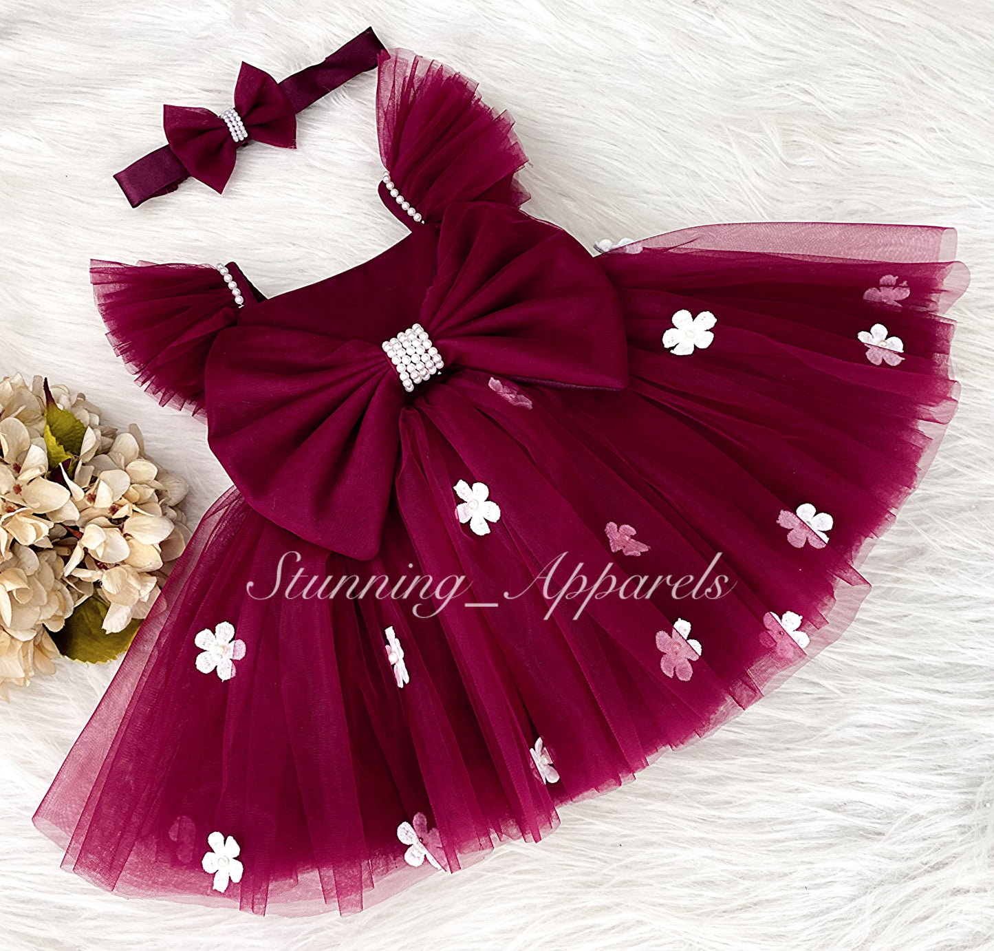 White Flower Work Strapped Sleeves Ruby Red Frock