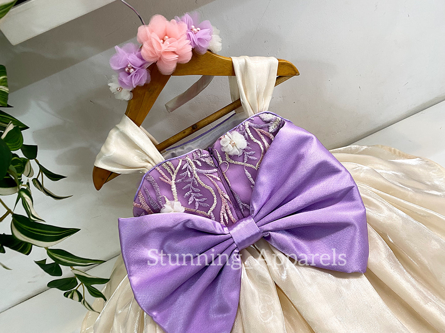 Preety Flower Work Lilac and CreamCombination Dress