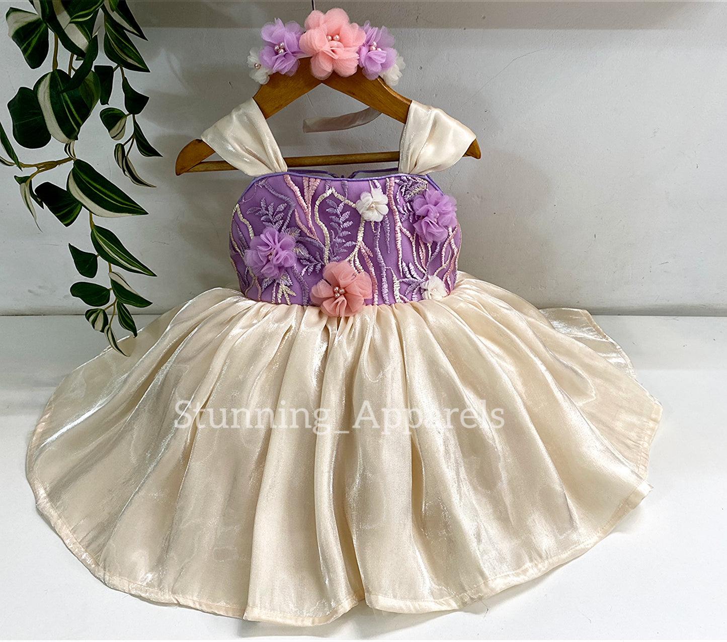 Preety Flower Work Lilac and CreamCombination Dress
