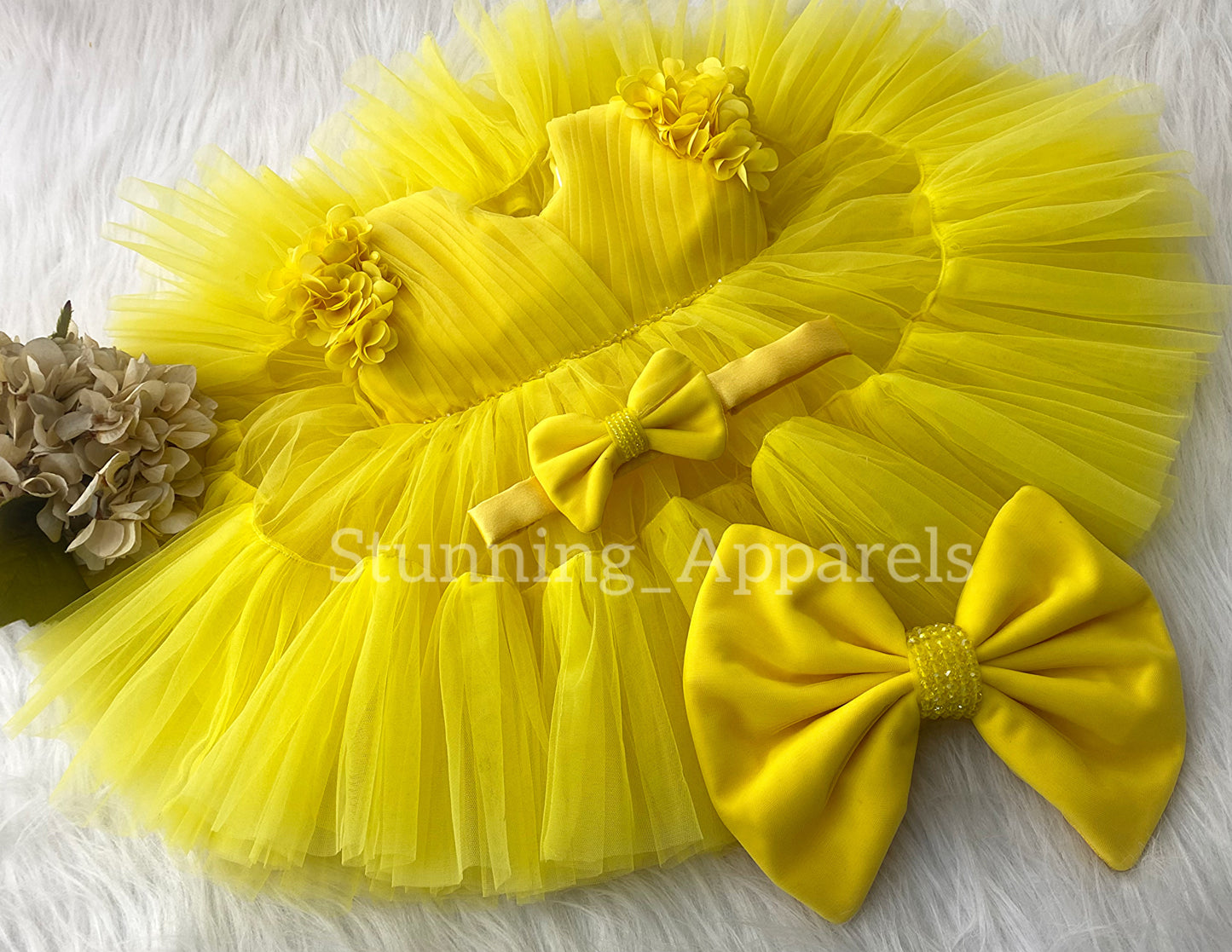 Beautiful Cape Sleeves Flower Work Ruffled Yellow Frock
