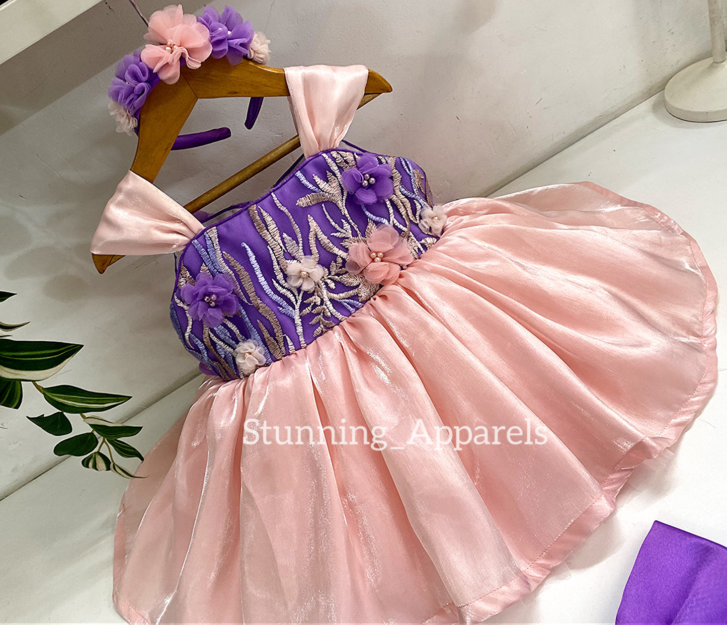 Preety Flower Work Lavender And Peach Combination Dress