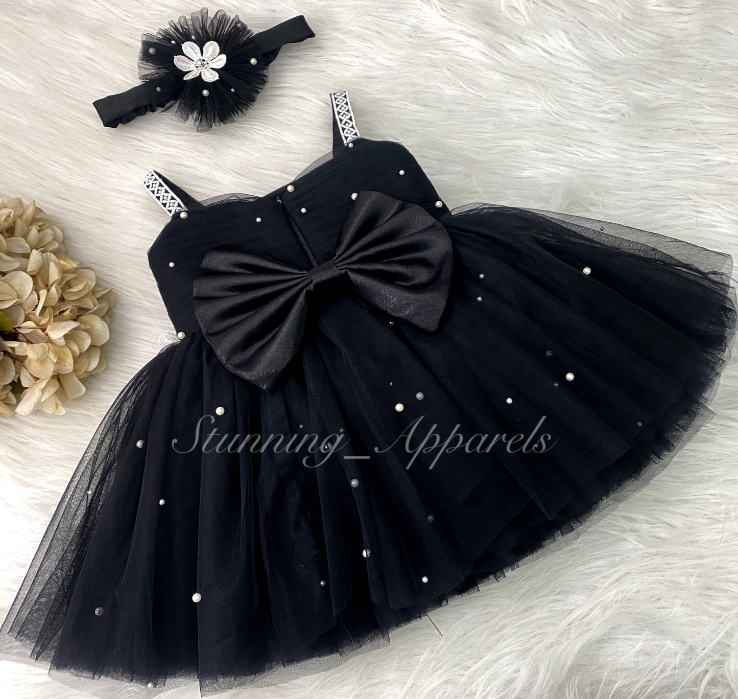 Waistline White Flower Work Party Wear Black Dress
