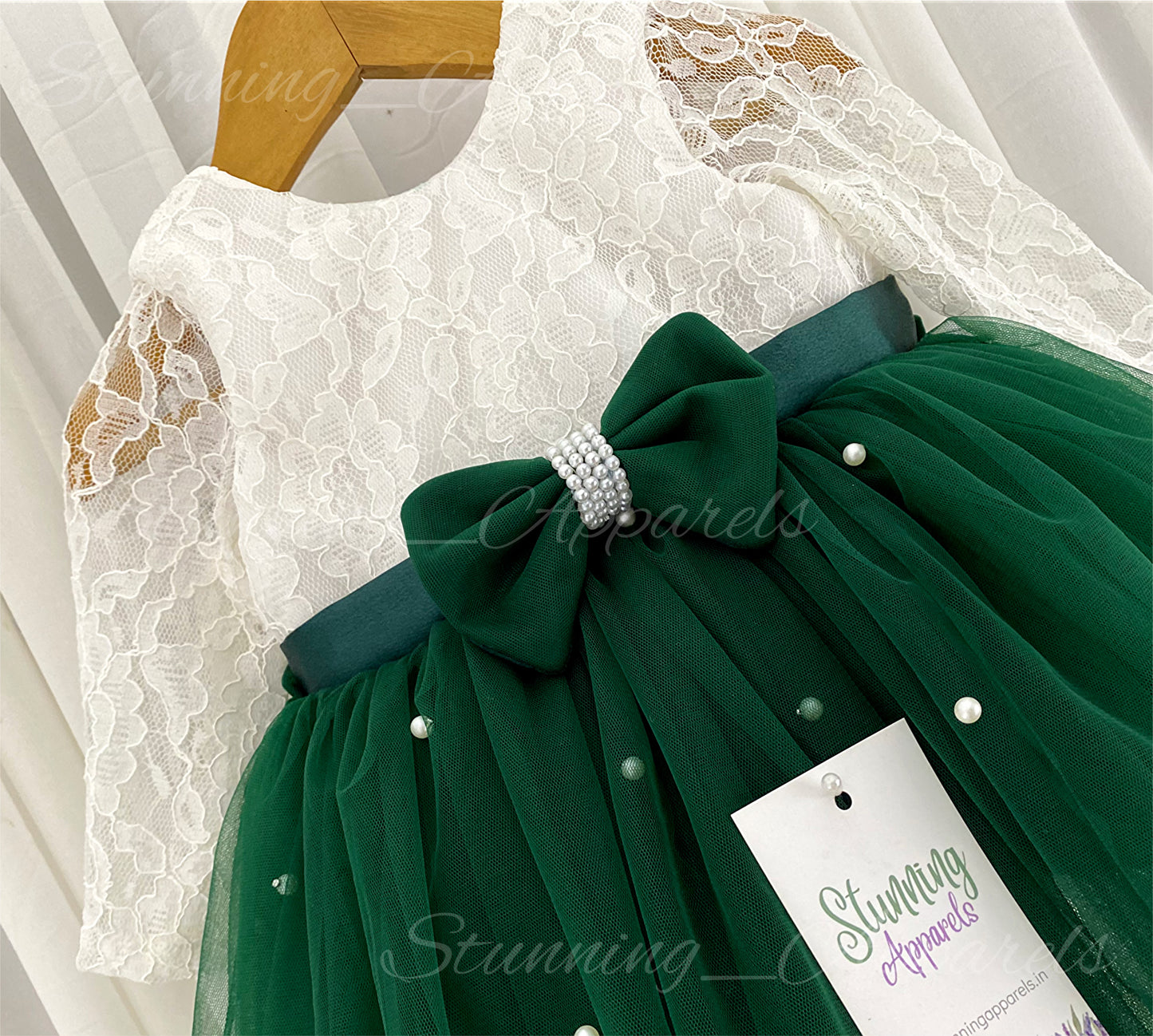 Long Sleeves White Pearls Work Dark Bottle Green Frock