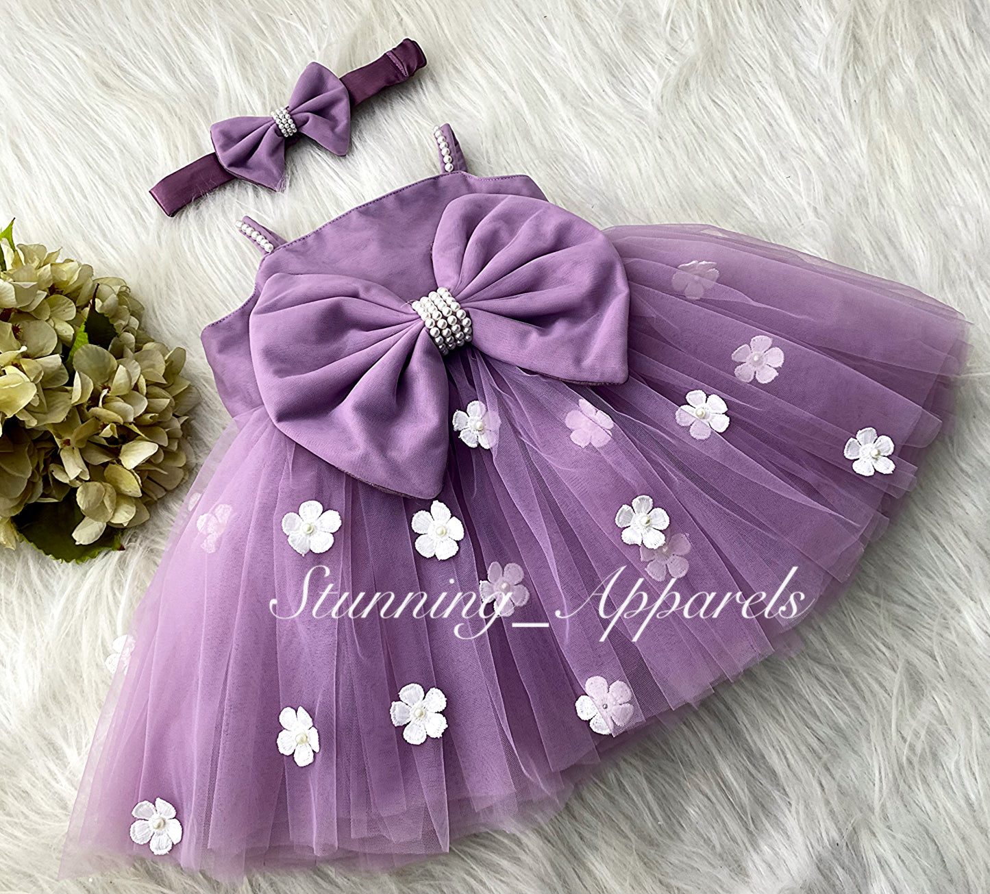 White Flower Work Strapped Sleeves Lilac Frock