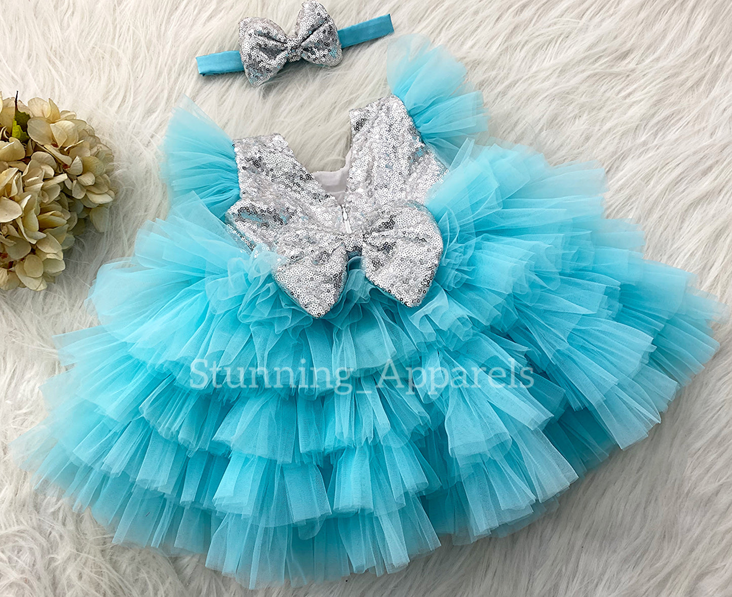 Silver Sequins Bow Stylish Lyered Dark Sky Blue Frock