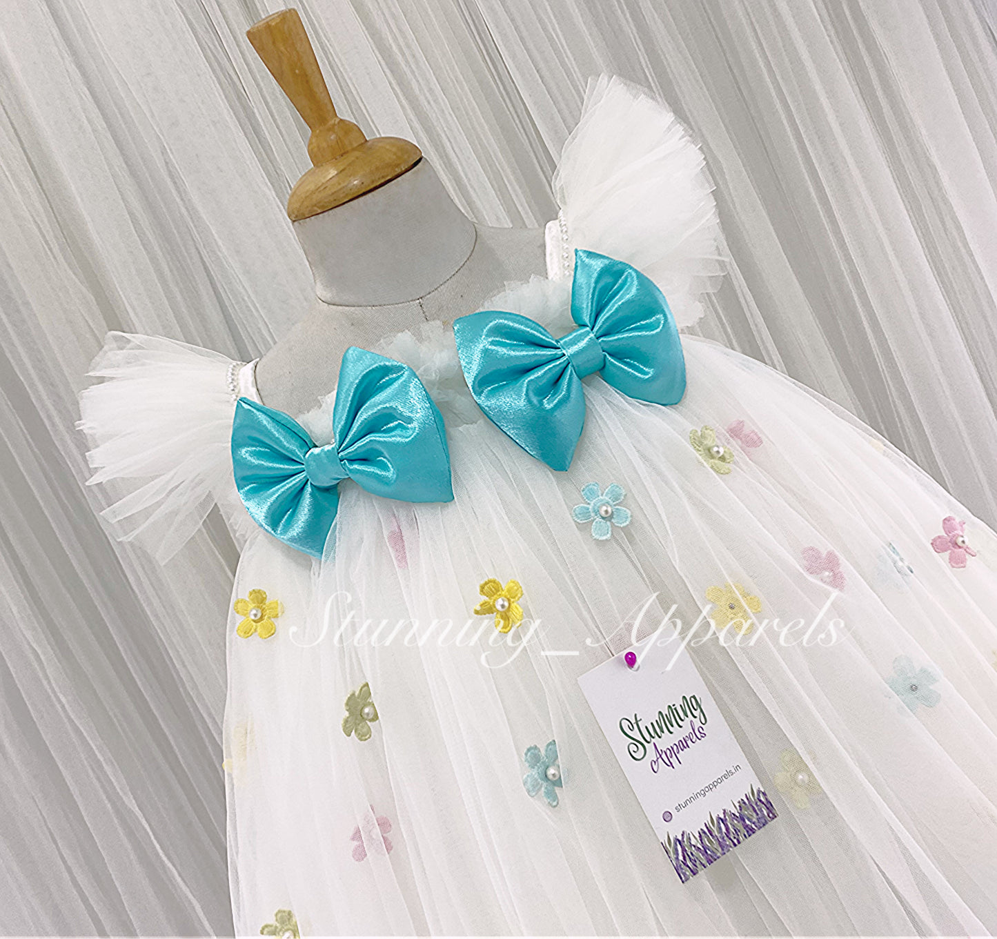Multi Colour Flower Work, Sky Blue Satin Bow White Umbrella Dress