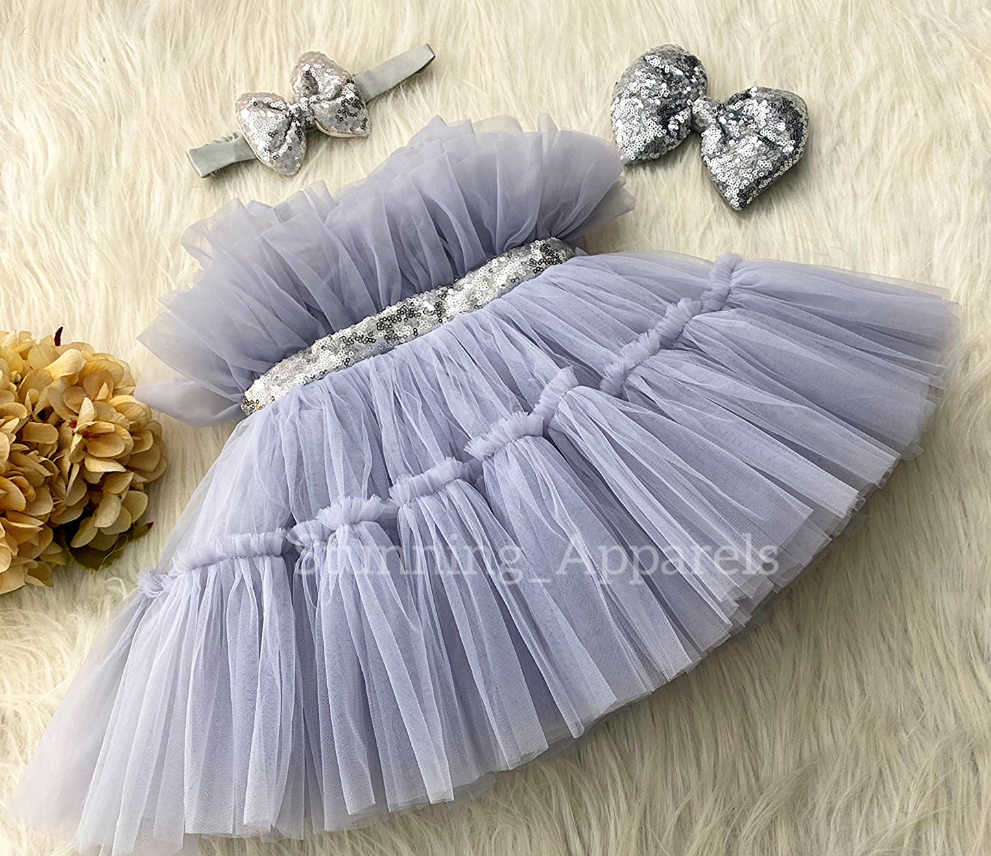 Silver Sequin Bow Ruffled Light Gray Dress
