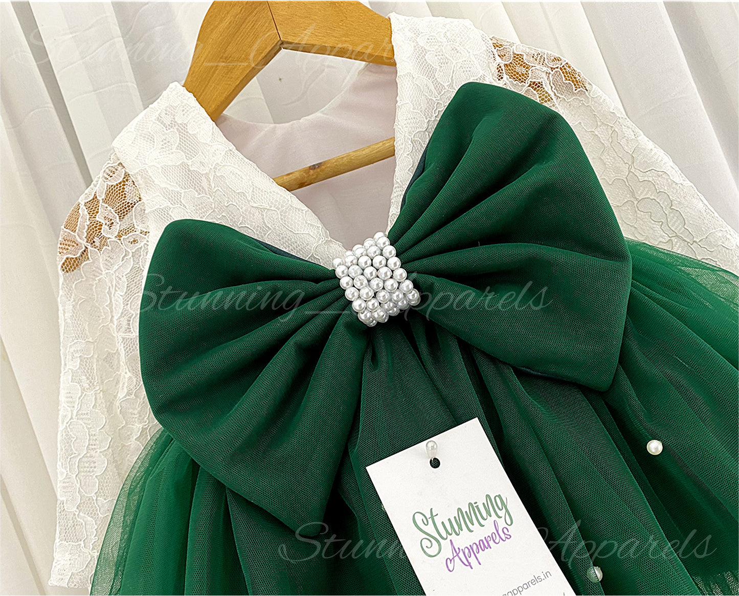 Long Sleeves White Pearls Work Dark Bottle Green Frock