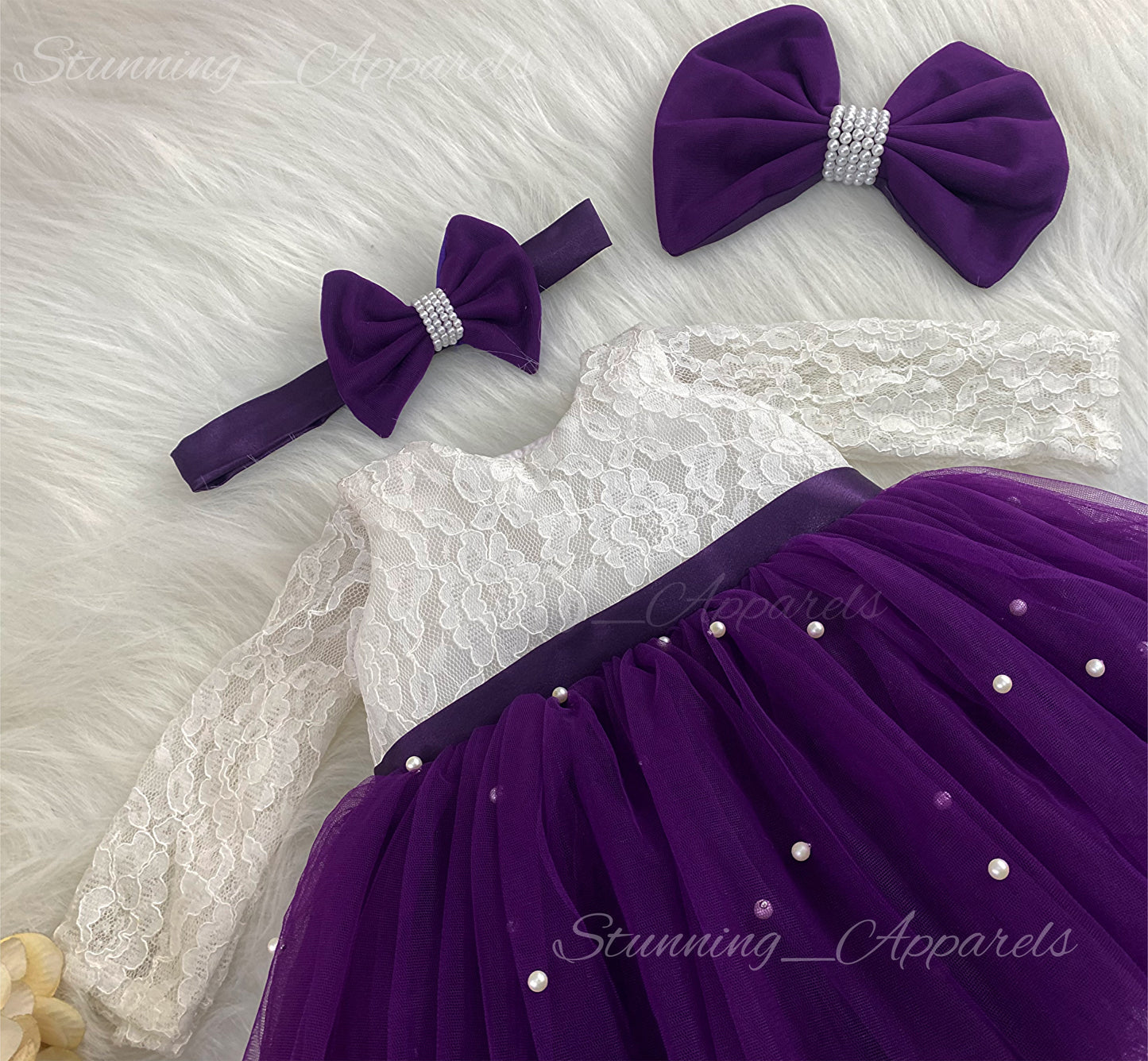 Long Sleeves White Pearls Work Purple Frock