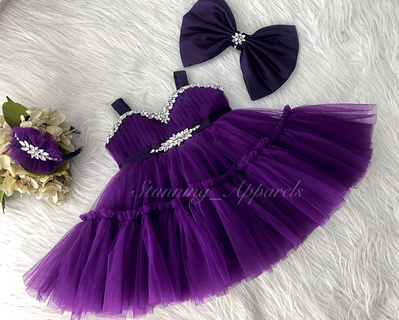 Designer Stone and Diamond Work Ruffled Purple Dress