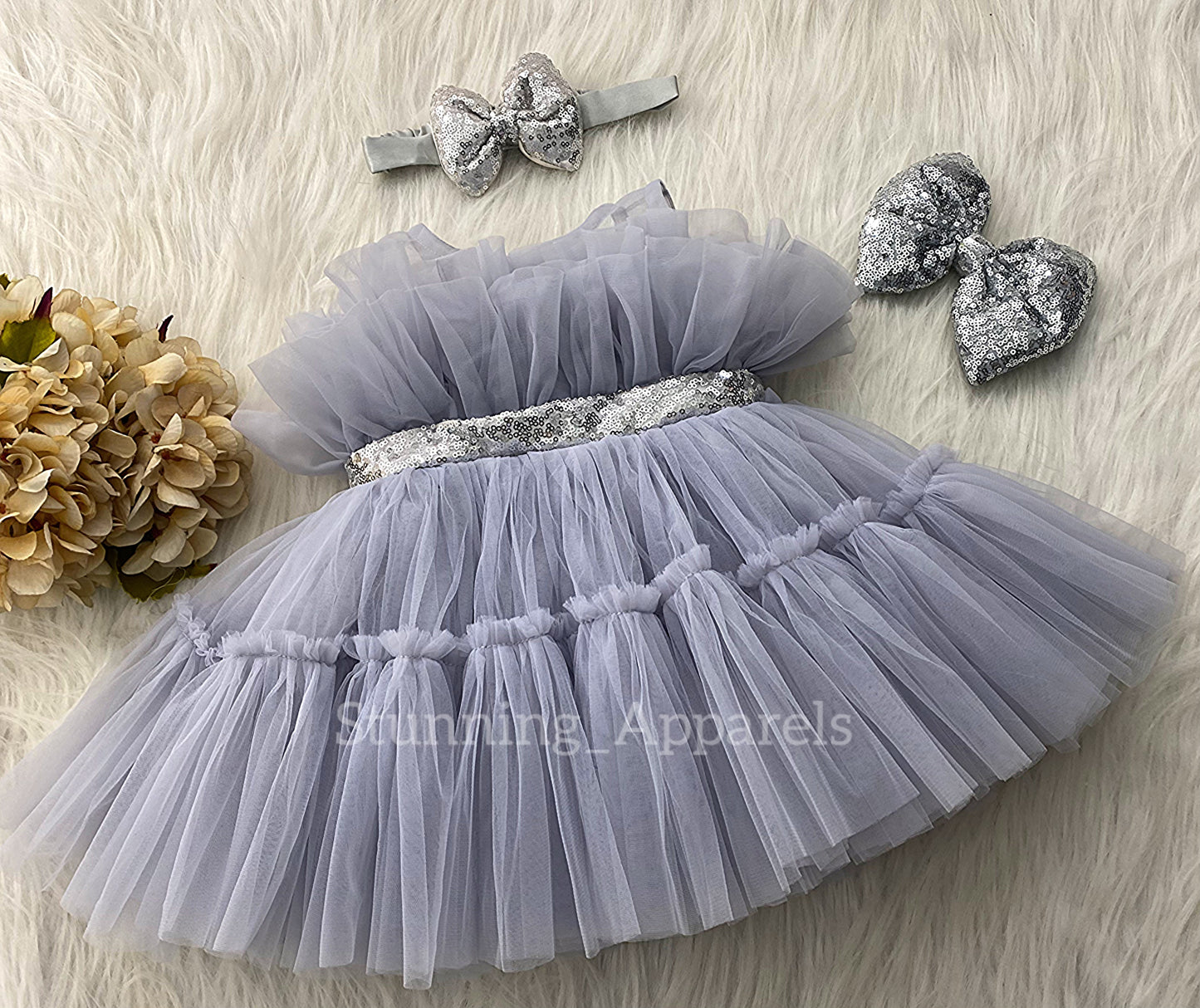 Silver Sequin Bow Ruffled Light Gray Dress