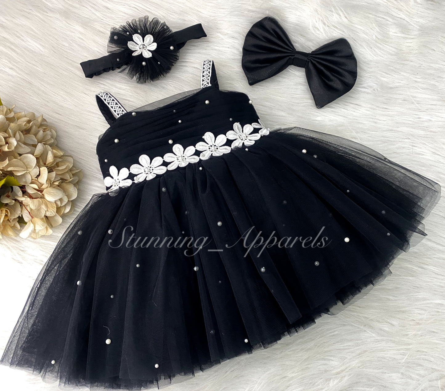 Waistline White Flower Work Party Wear Black Dress