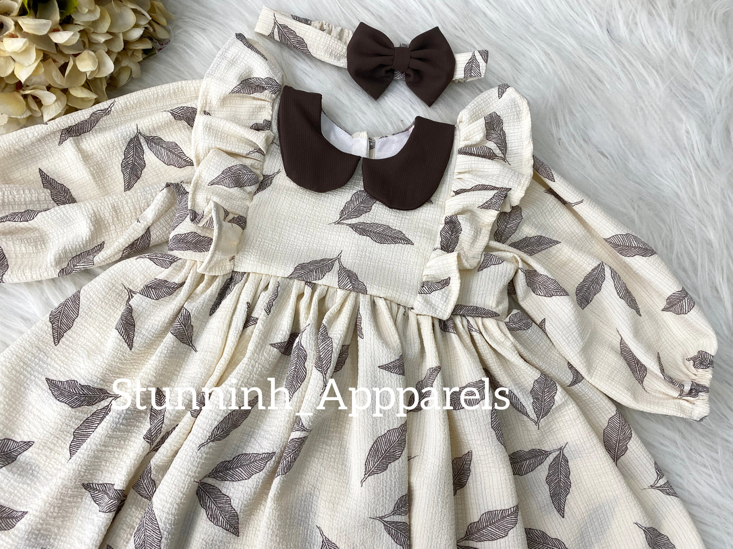 Stylish Long Ruffled Sleeves Printed Cream Dress