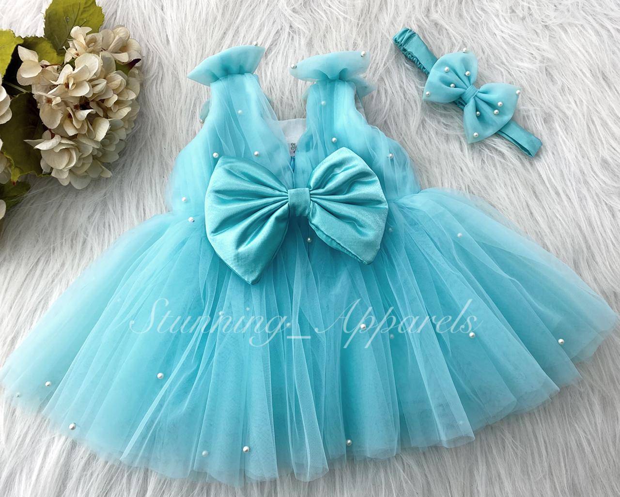 Shoulder Bow White Pearls Work Sky Blue Frock