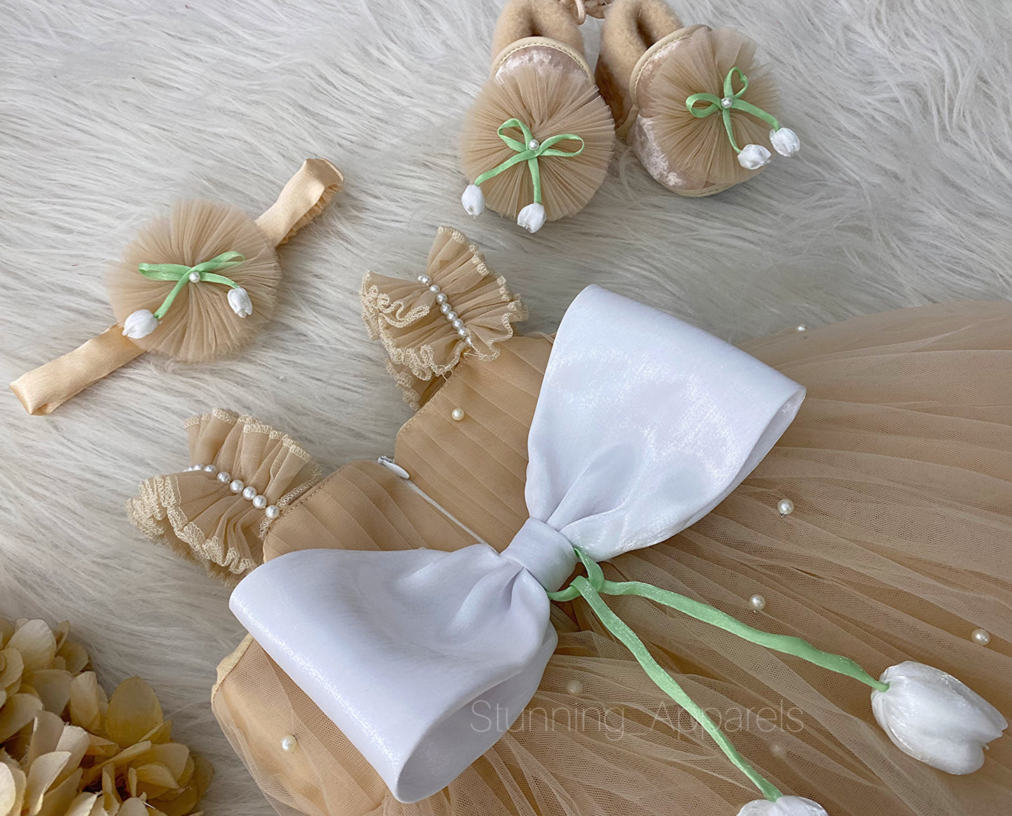 White Tulip Flower Work Party Wear Beige Colour Dress