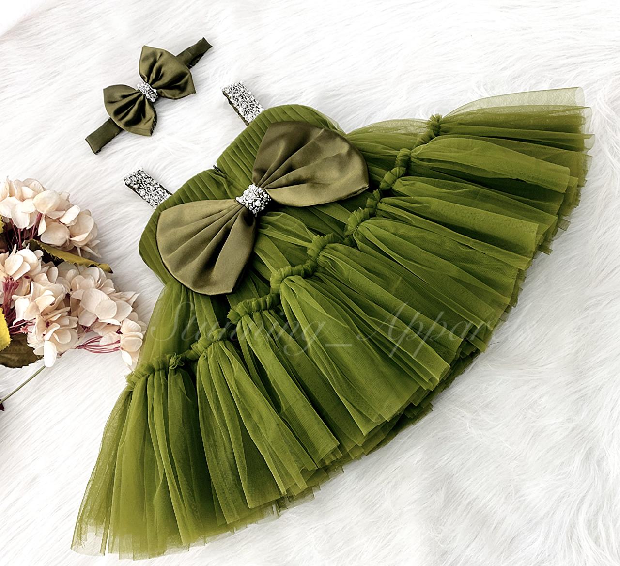 Designer Sweetheart Neckline Hand Work Strapped Olive Green Frock