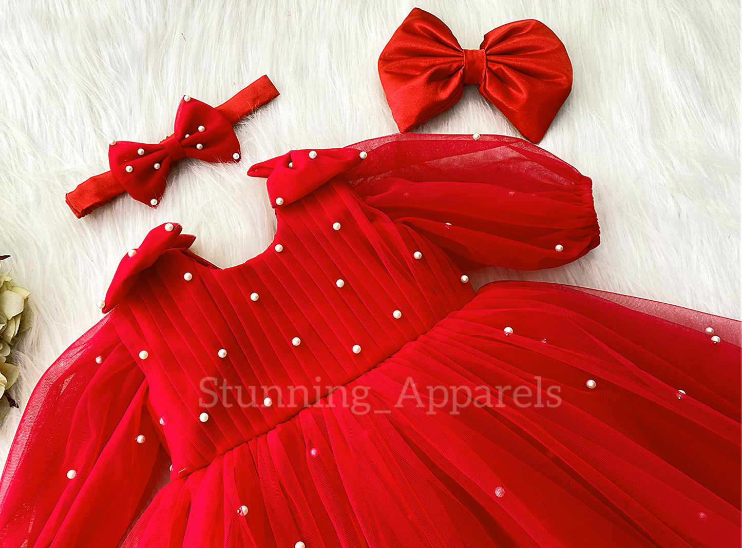 Shoulder Bow Long Puff Sleeves Red dress