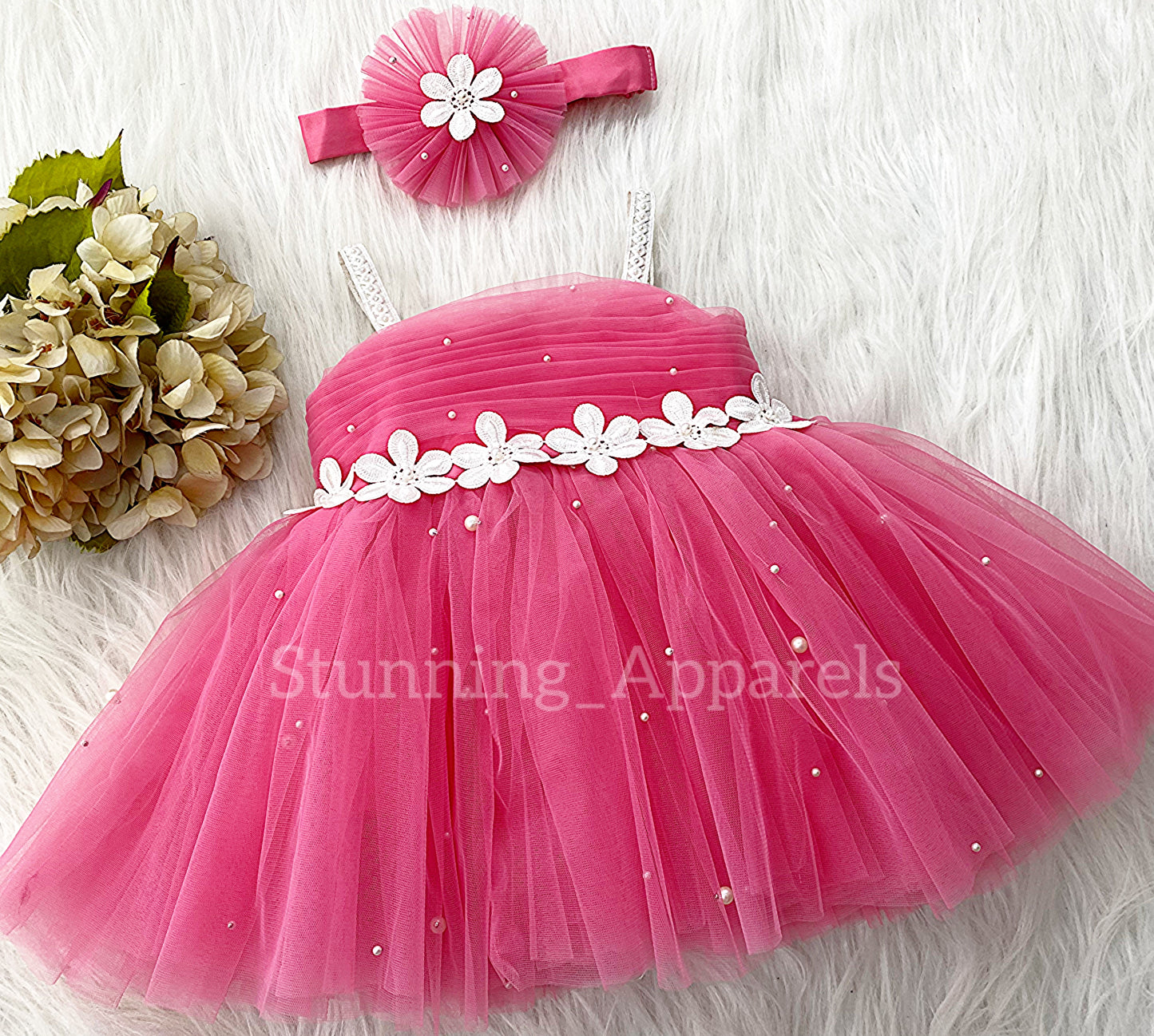 White Flower Work Party Wear Flemingo Pink Dress