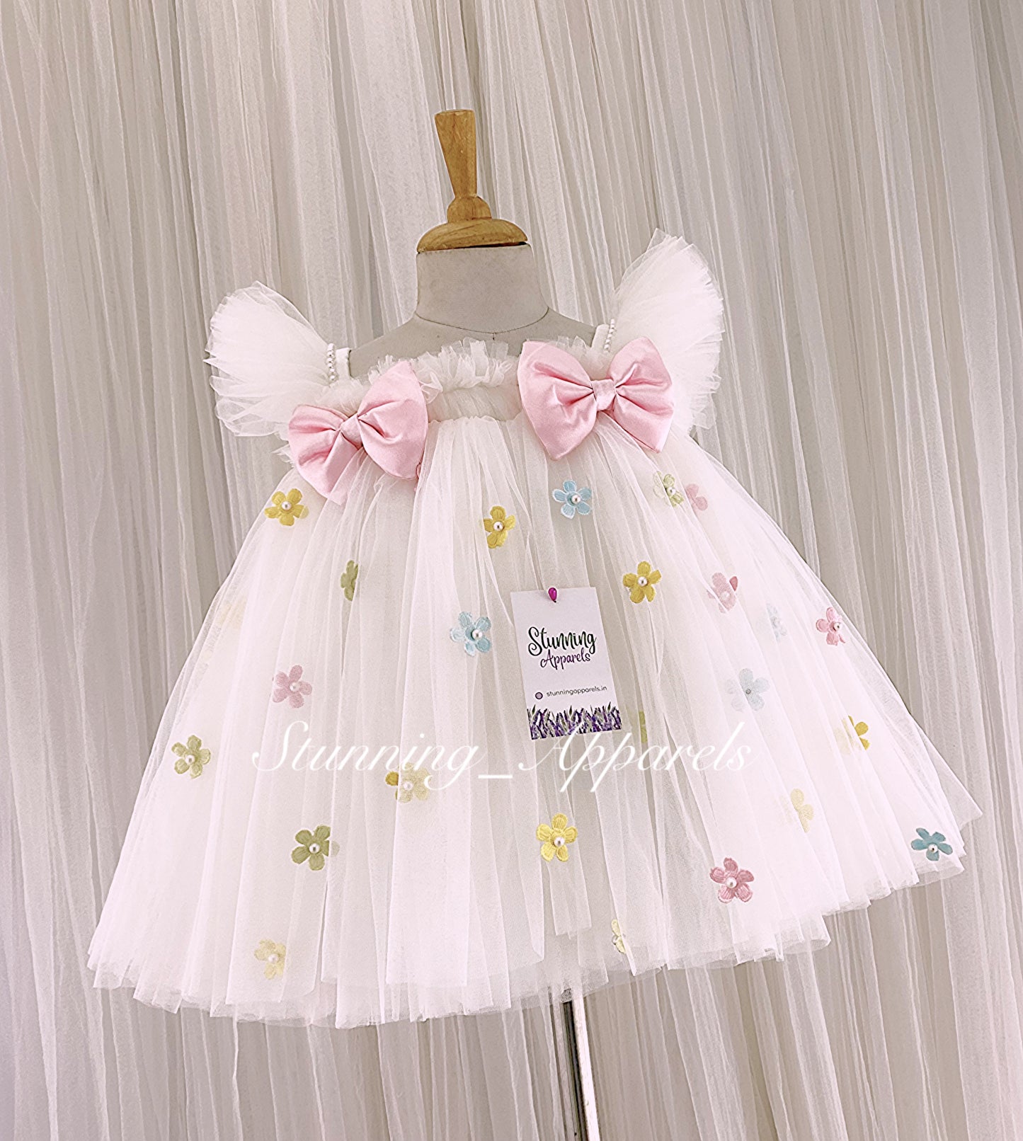 Multi Colour Flower Work, Baby Pink Satin Bow White Umbrella Dress
