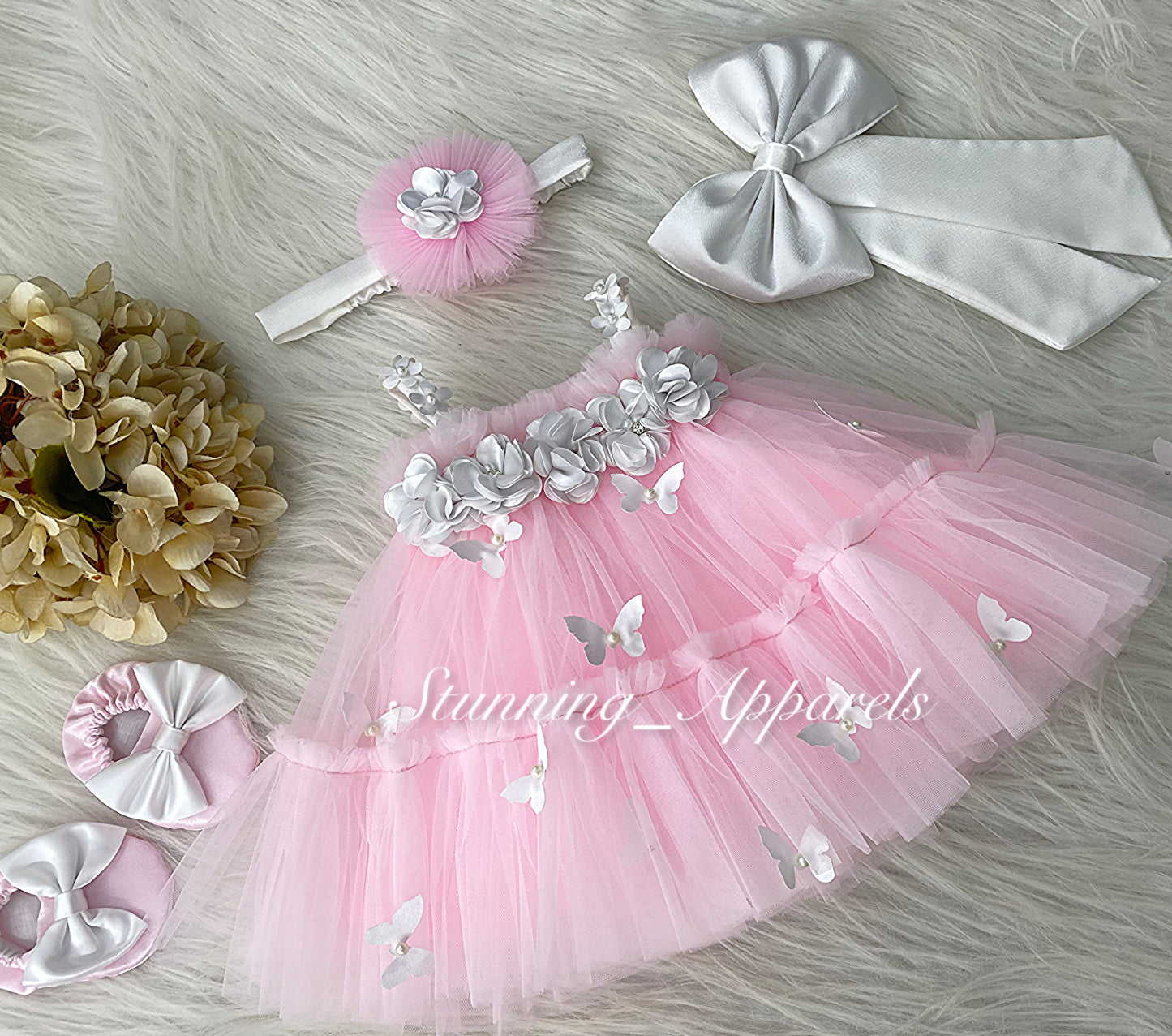 Butterfly Work Cute Party Wear Baby Pink Dress