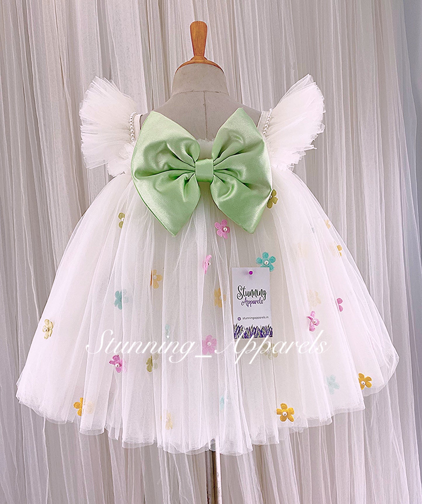 Multi Colour Flower Work, Pista Green Satin Bow White Umbrella Dress