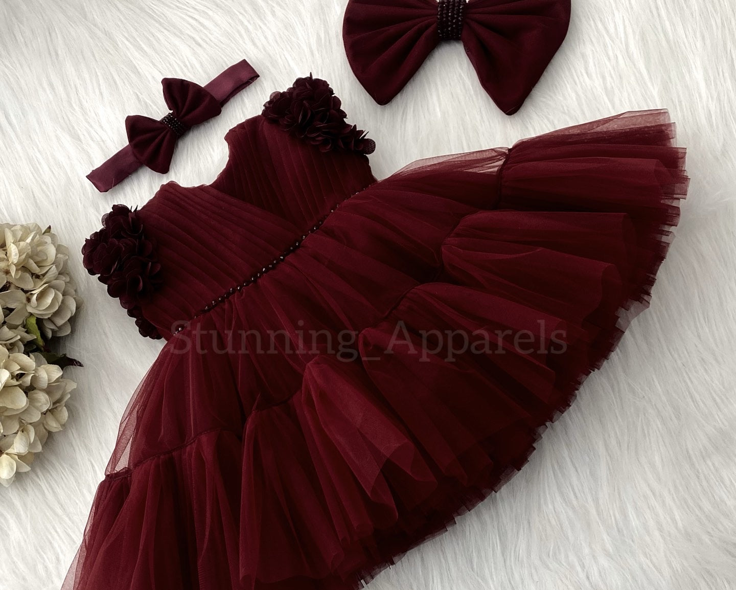 Beautiful Cape Sleeves Flower Work Ruffled Maroon Frock