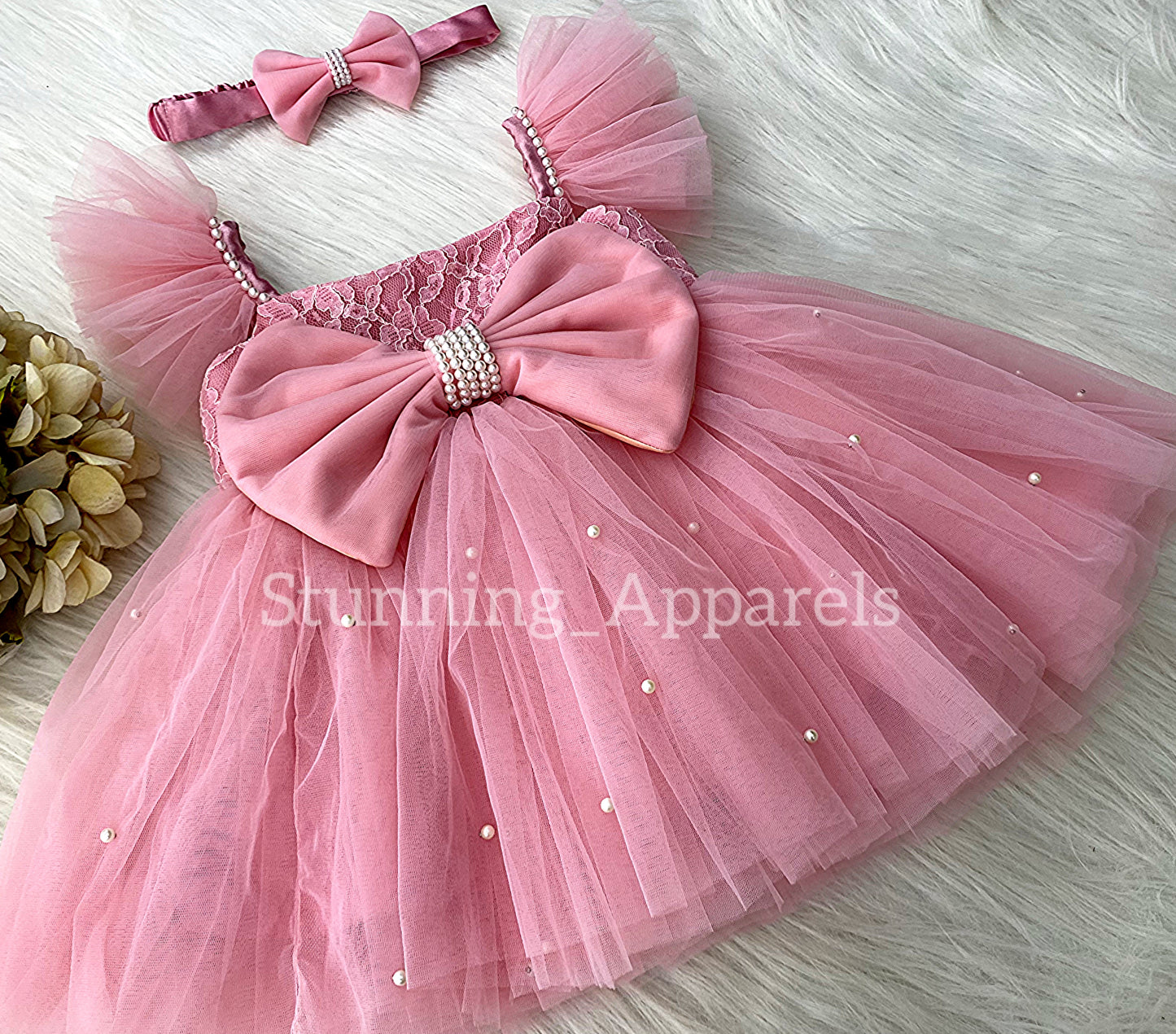 White Pearls Work Strapped Sleeves Peach Dress