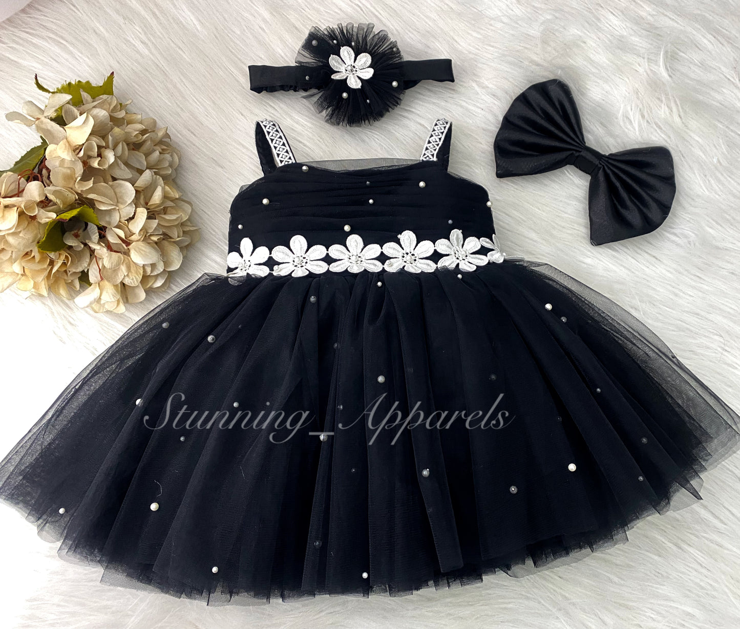 Waistline White Flower Work Party Wear Black Dress