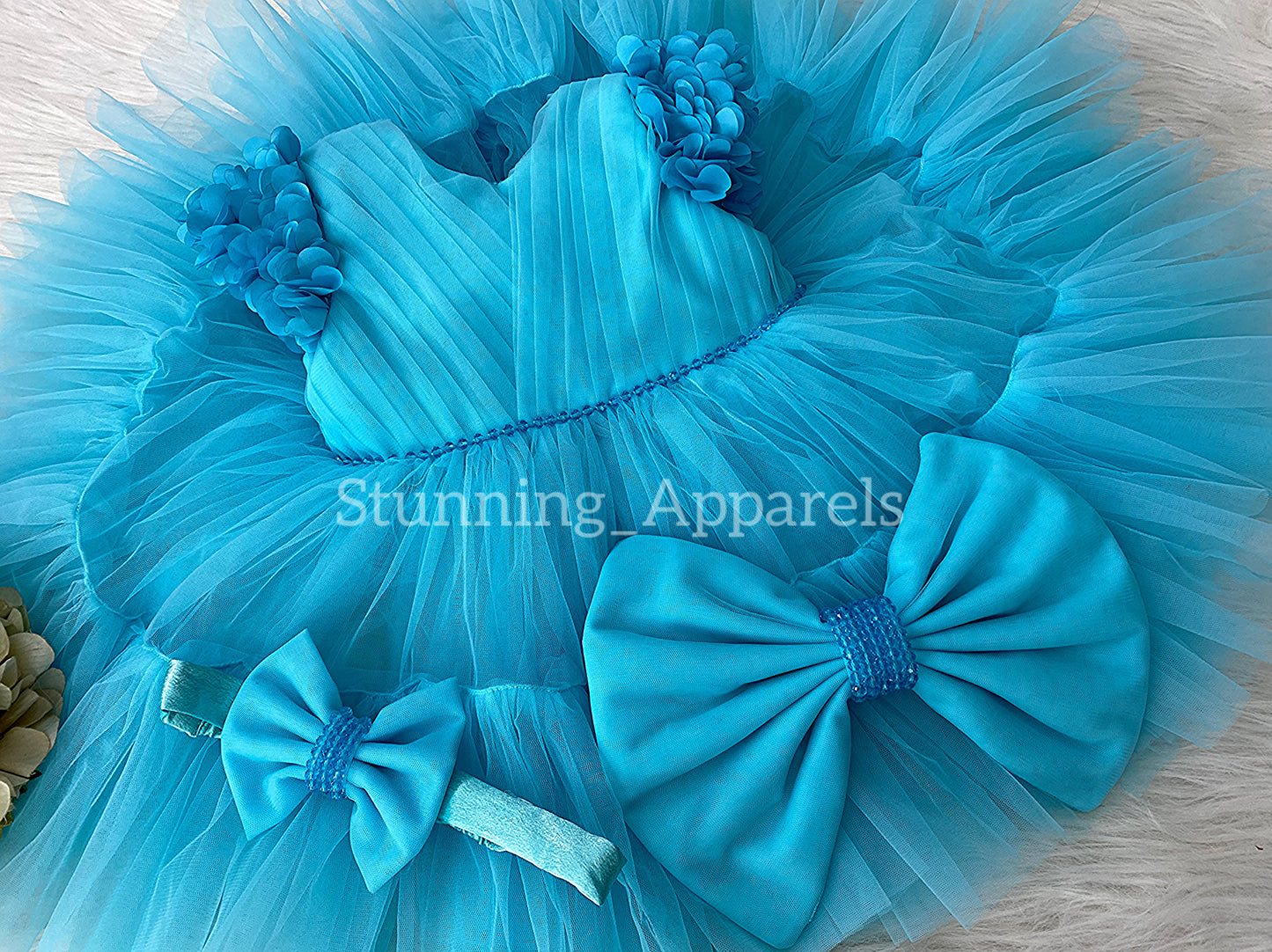 Beautiful Cape Sleeves Flower Work Ruffled Dark Sky Blue Frock