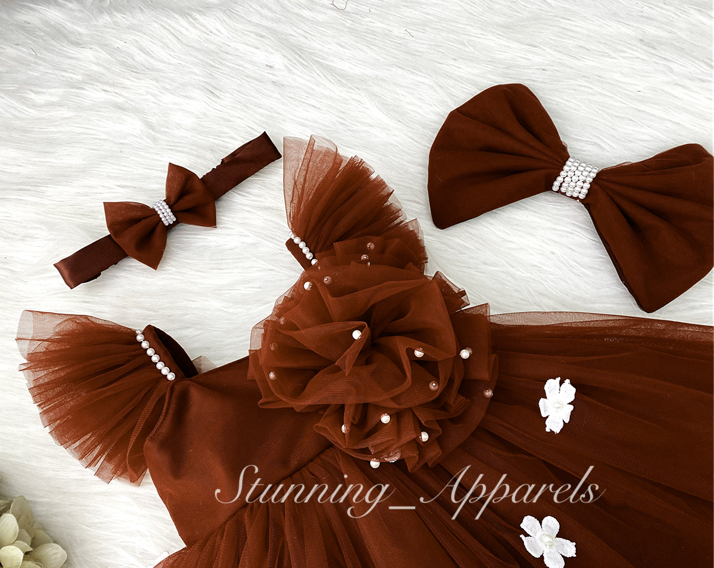 White Flower Work Strapped Sleeves Iron Rust Frock