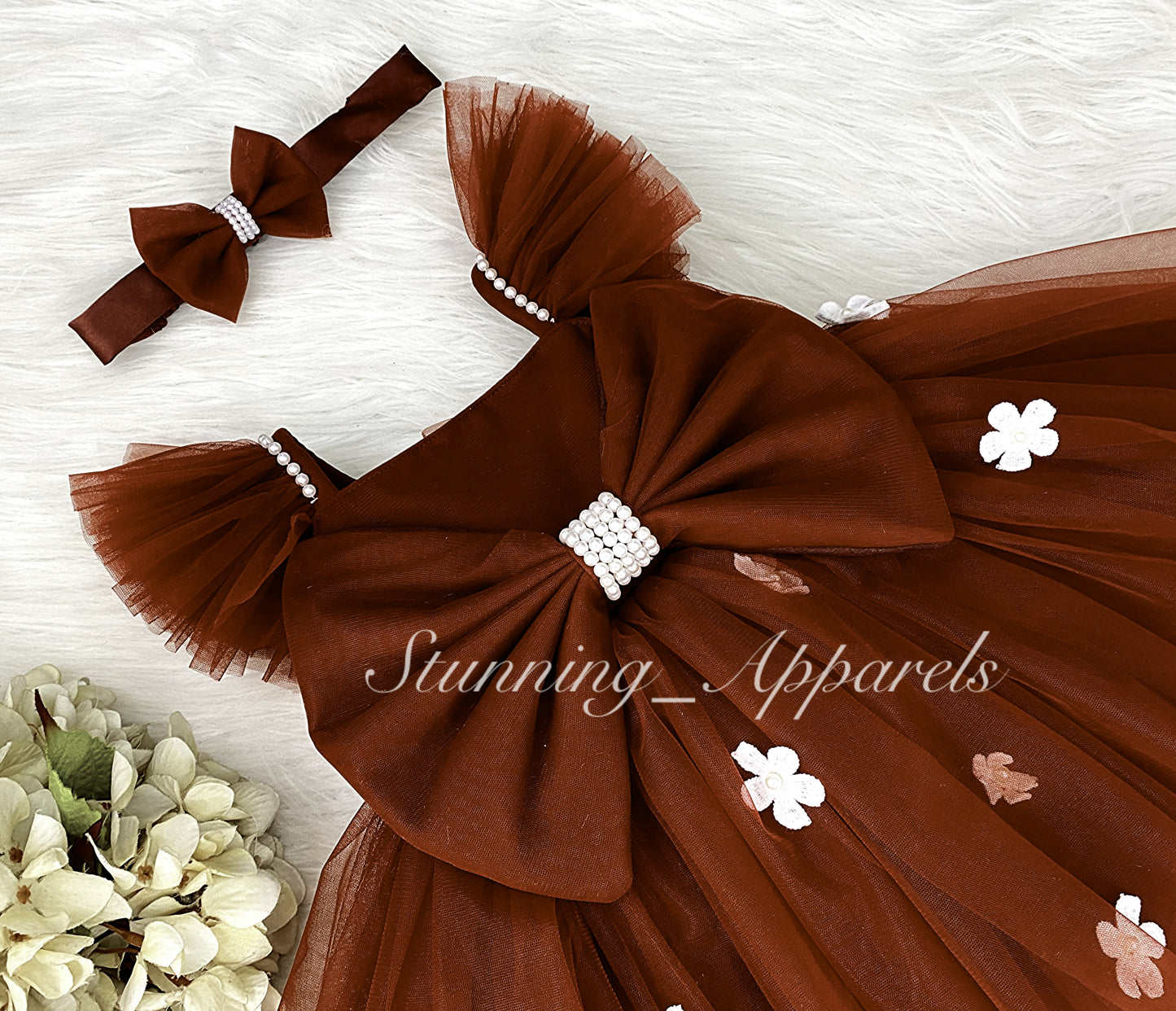 White Flower Work Strapped Sleeves Iron Rust Frock