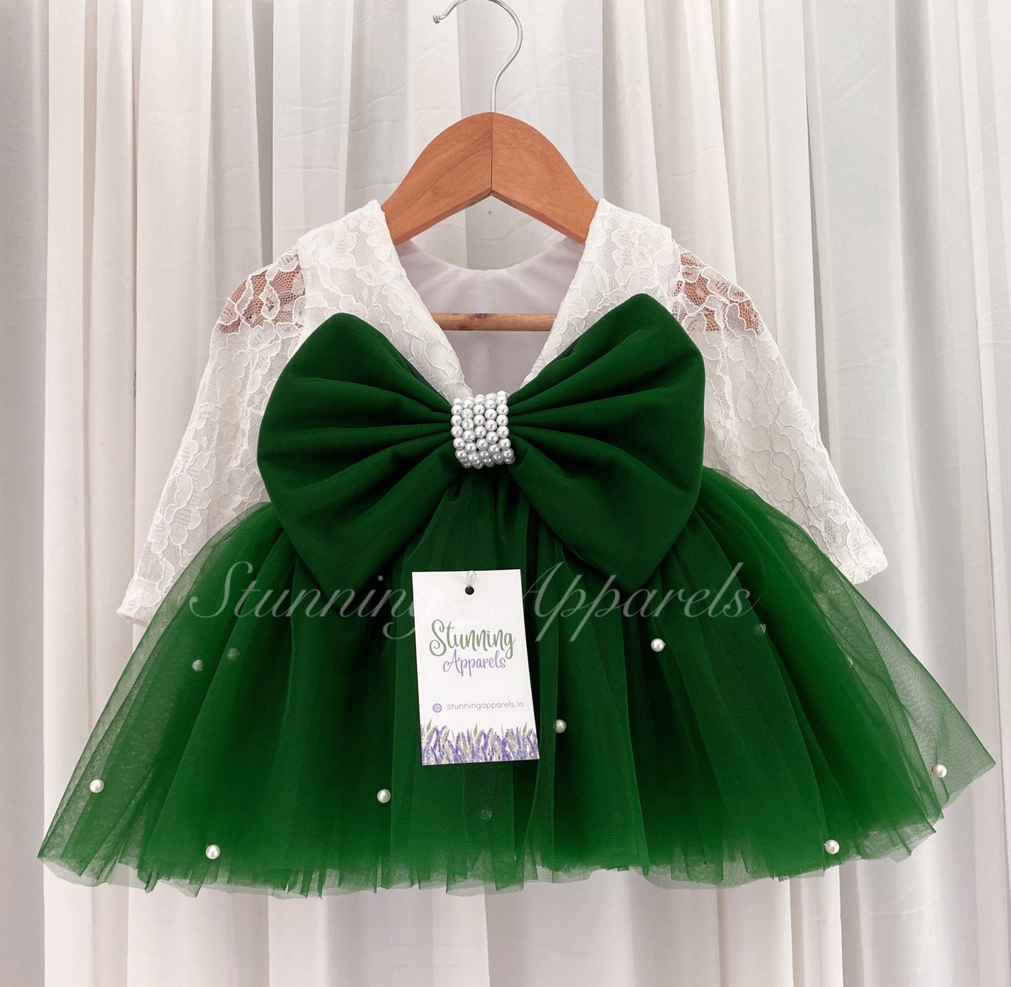 Long Sleeves White Pearls Work Green Frock