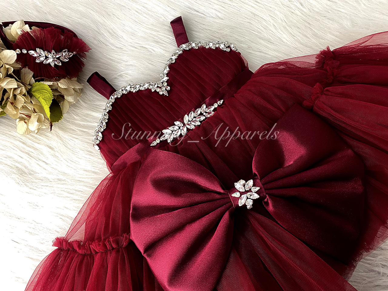 Designer Stone and Diamond Work Ruffled Maroon Dress