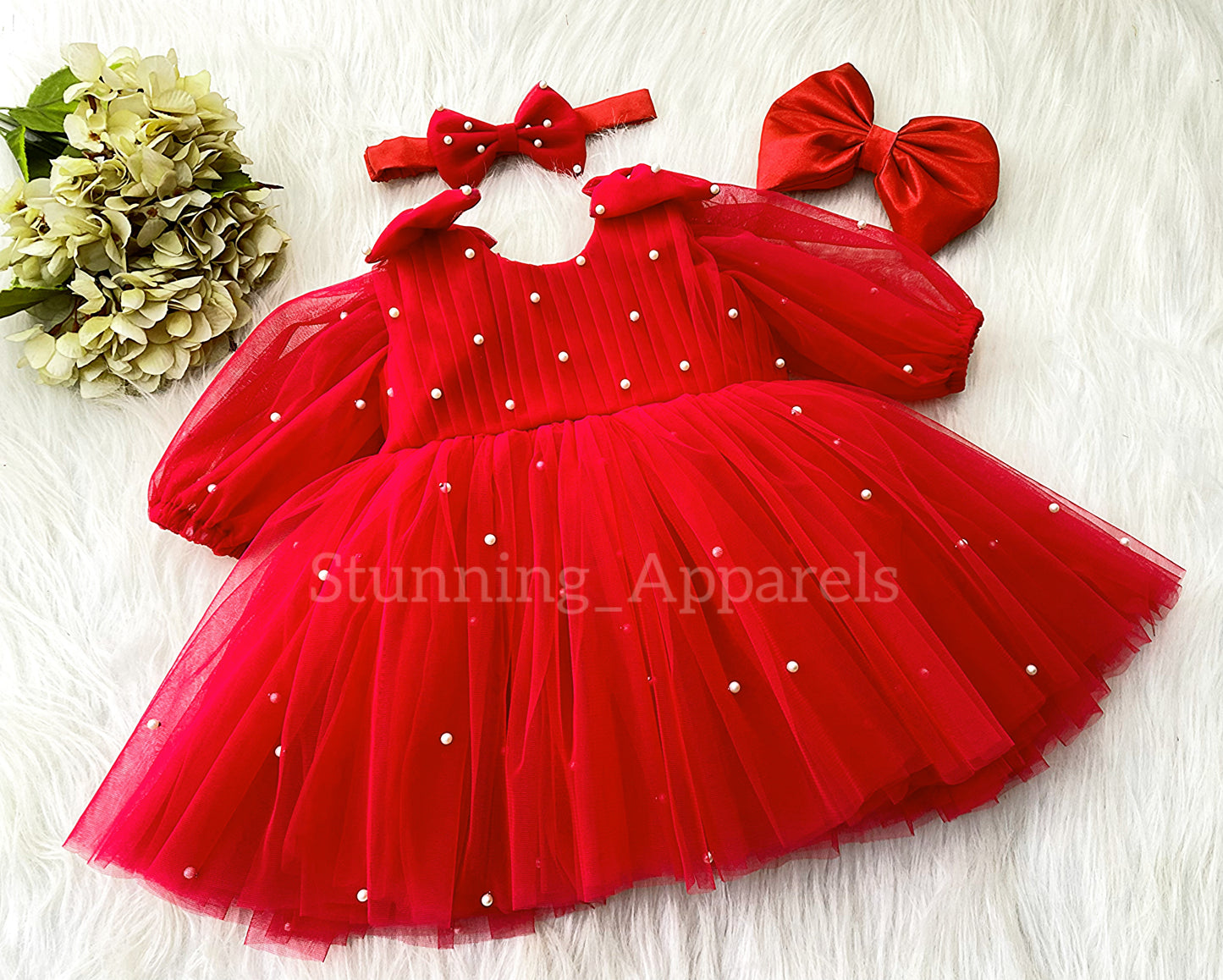 Shoulder Bow Long Puff Sleeves Red dress