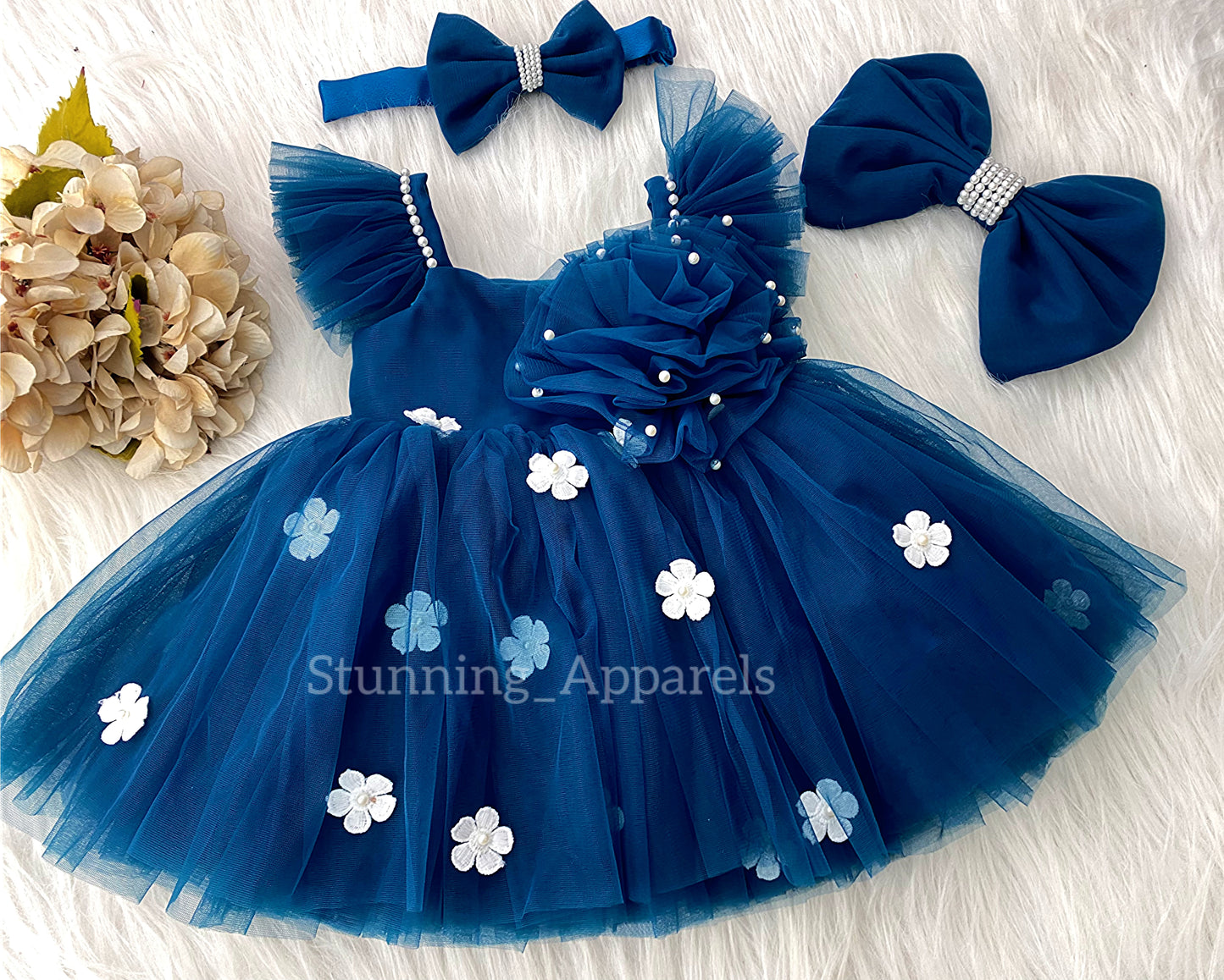 White Flower Work Strapped Sleeves Teal Blue Frock