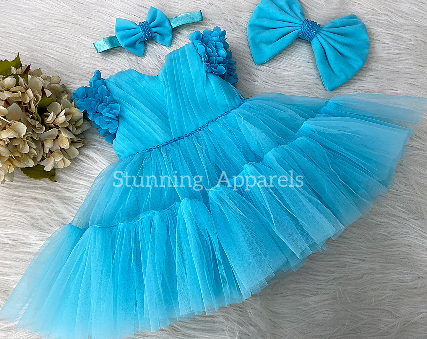 Beautiful Cape Sleeves Flower Work Ruffled Dark Sky Blue Frock