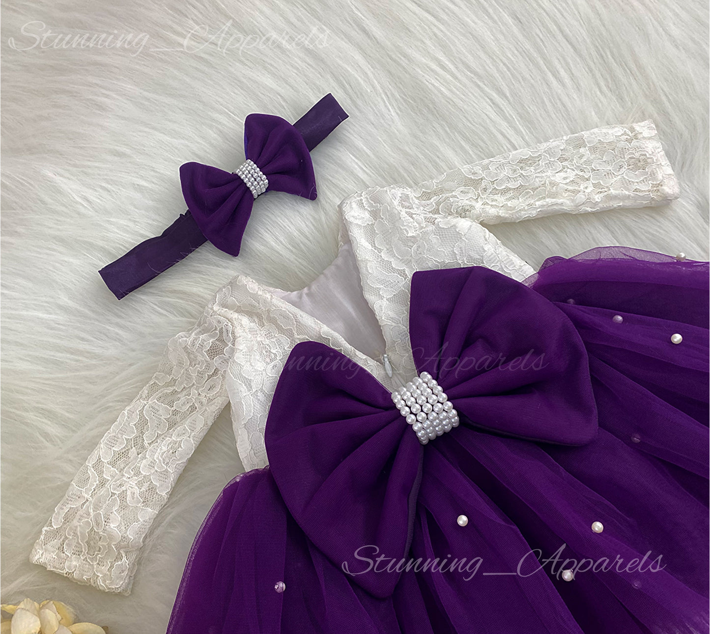 Long Sleeves White Pearls Work Purple Frock