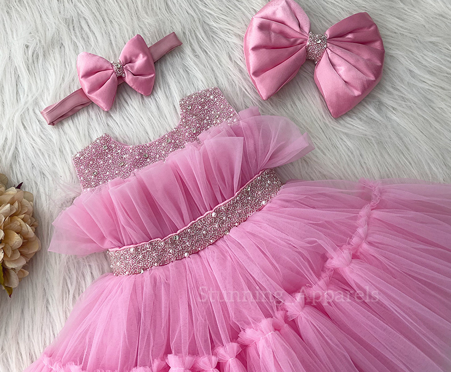 Designer Neckline Hand Work Party Wear Baby Pink Dress