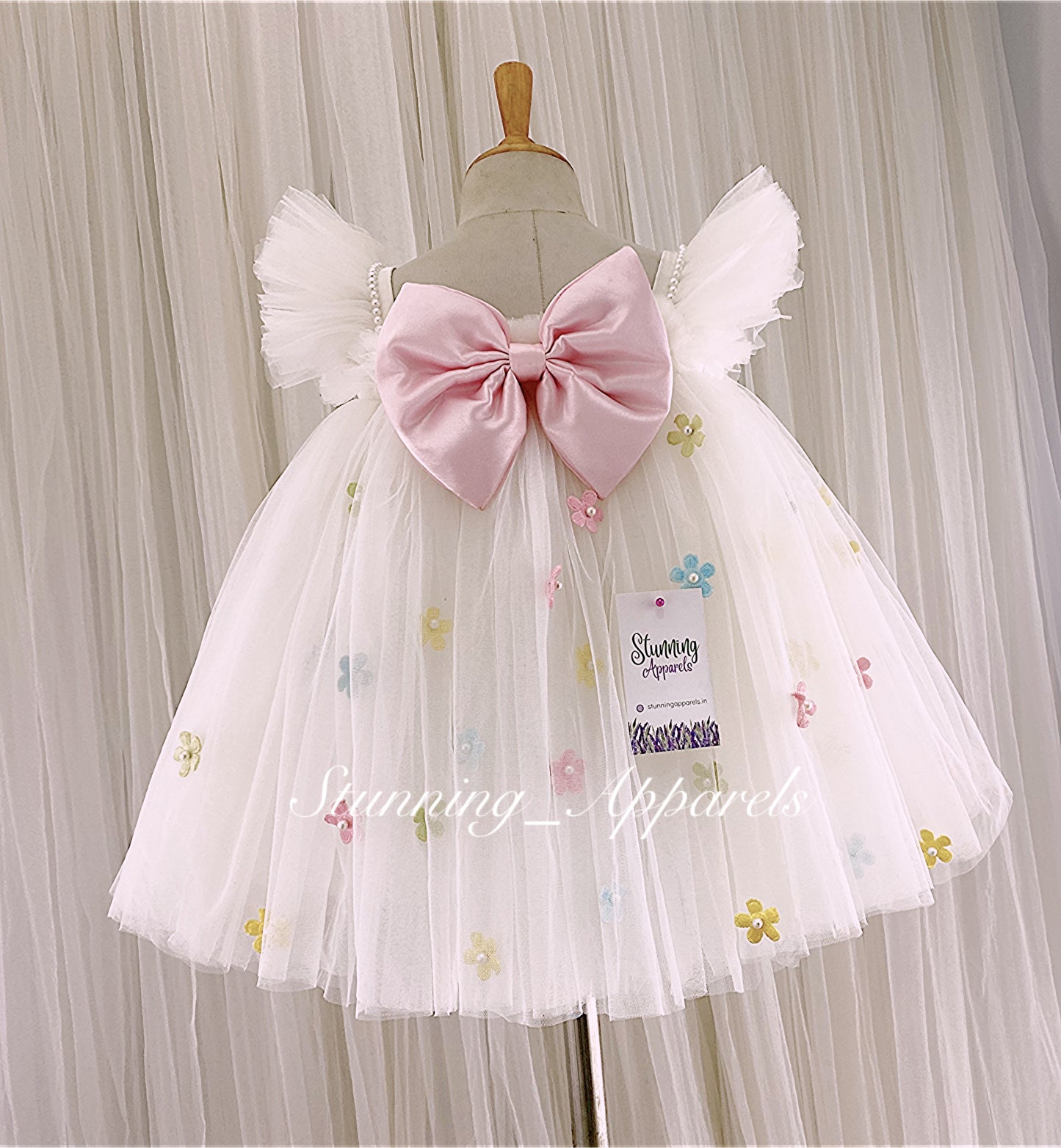 Multi Colour Flower Work, Baby Pink Satin Bow White Umbrella Dress