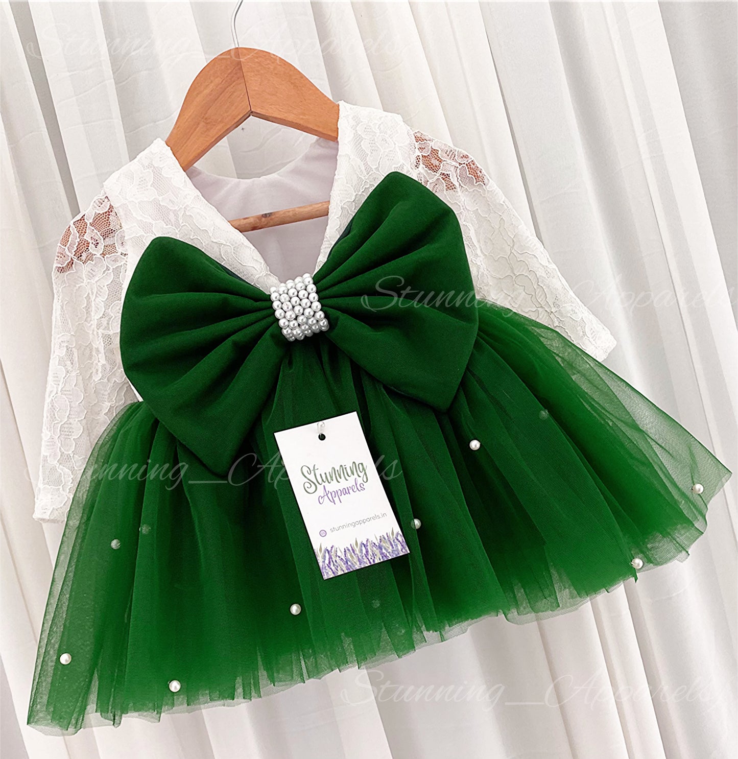 Long Sleeves White Pearls Work Green Frock