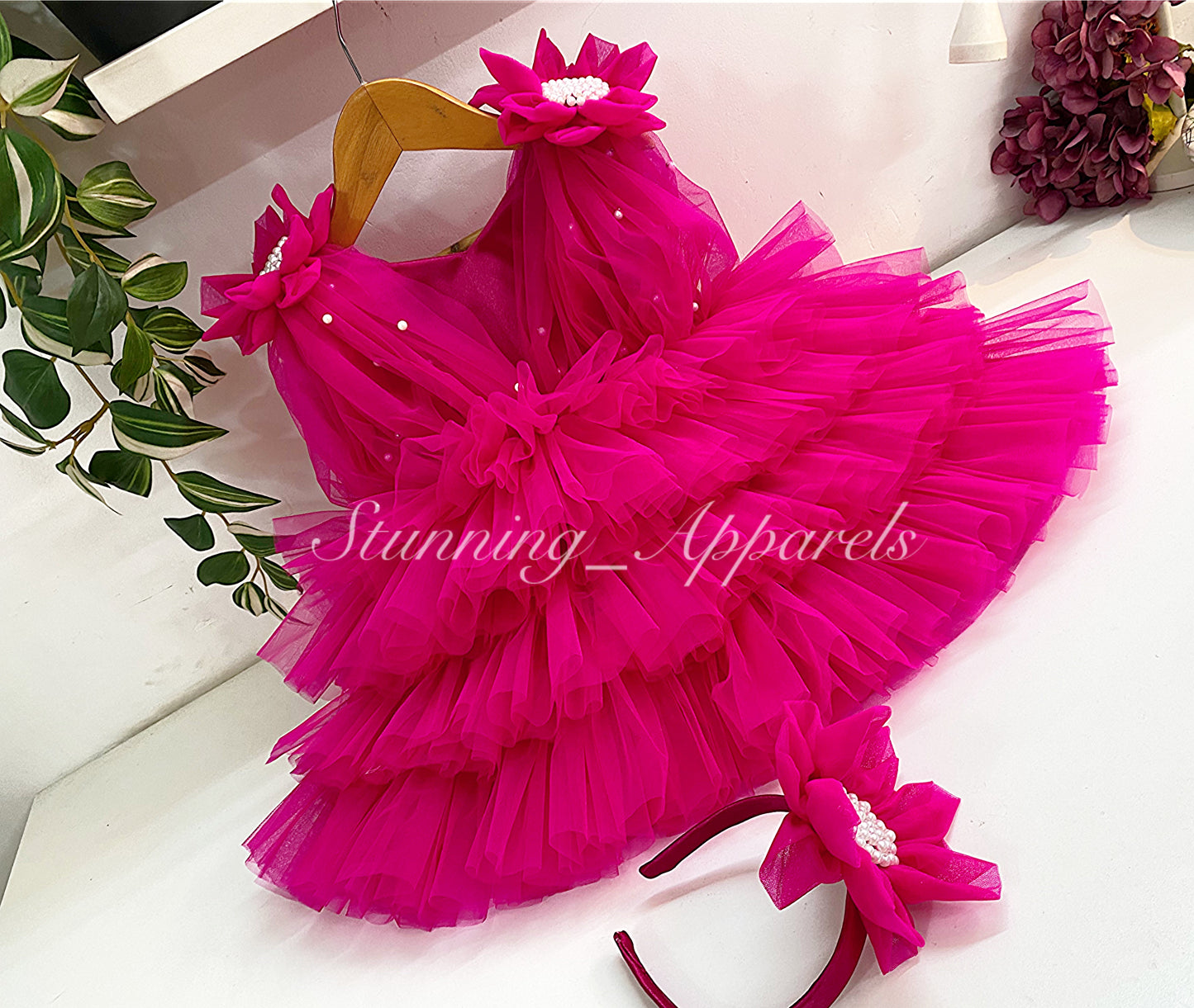 Shoulder Flower Work Layered Magenta Pink Dress