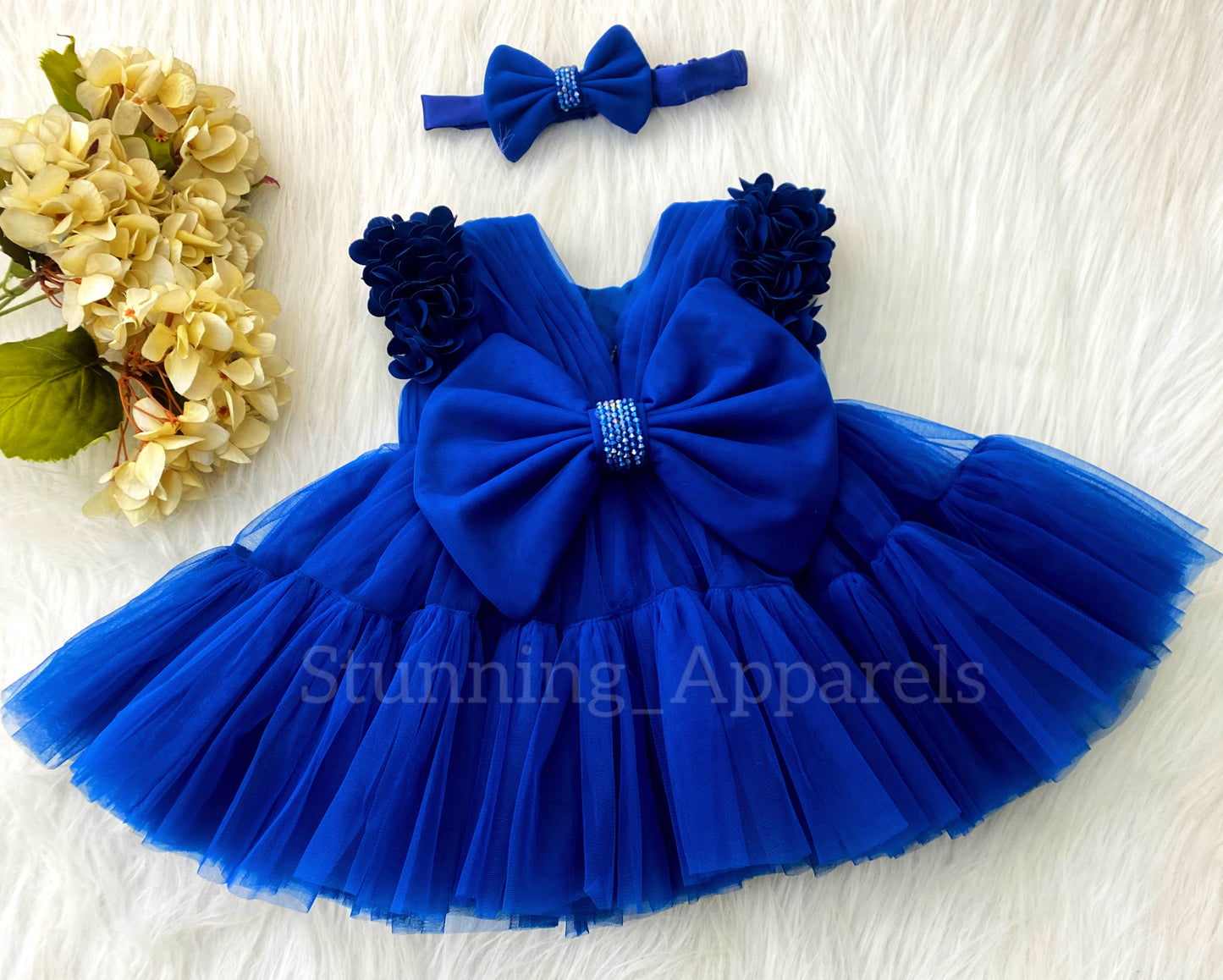 Beautiful Cape Sleeves Flower Work Ruffled Royal Blue Frock